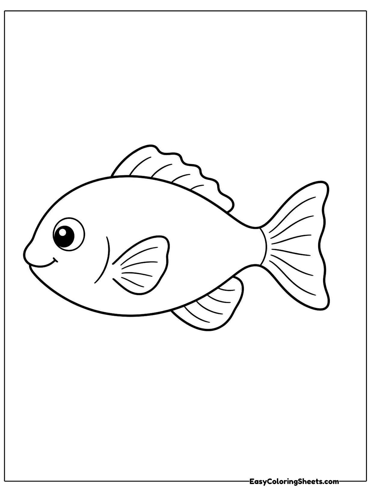 This easy fish has a smooth oval body, a curved fin on top, a small side fin and a forked tail.