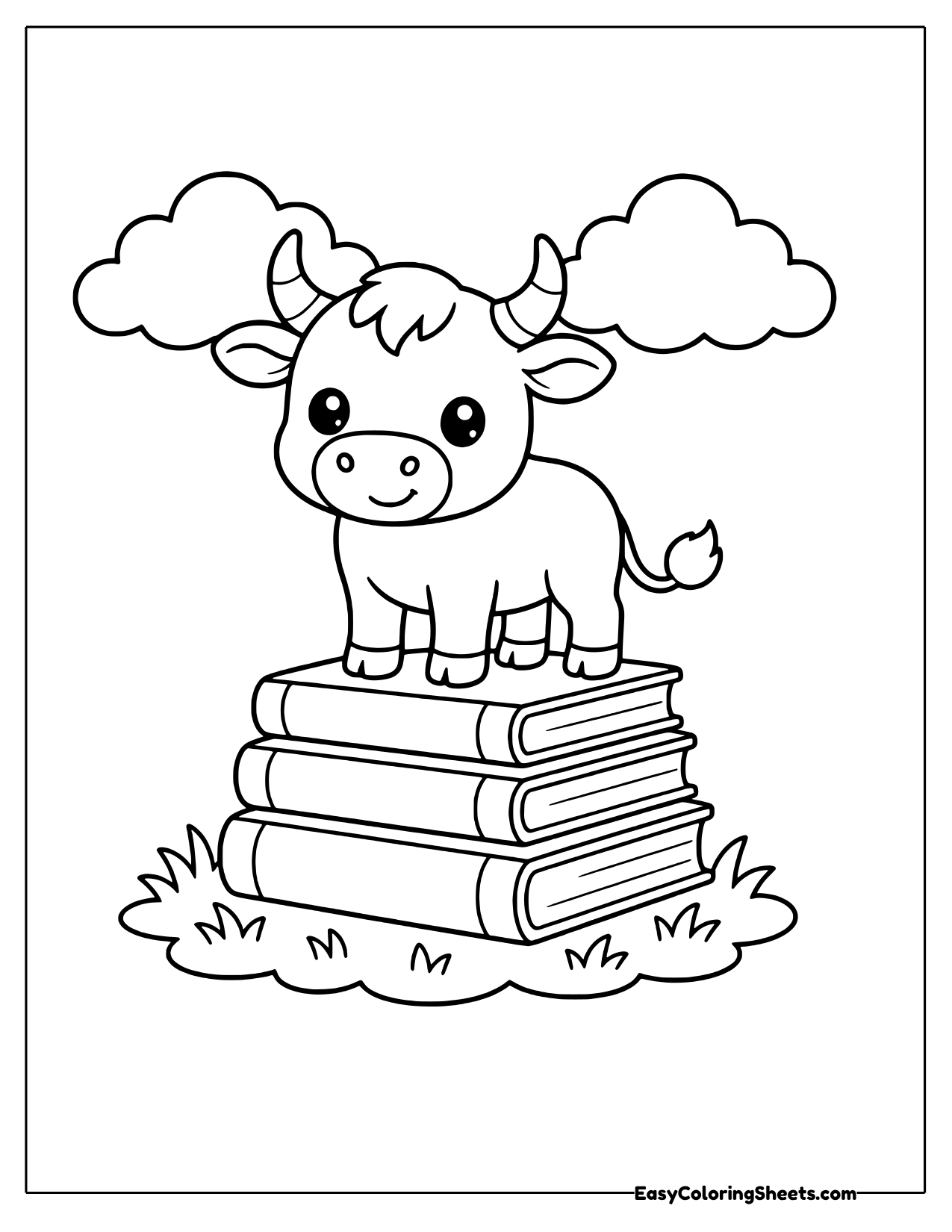 Bull standing on a stack of books