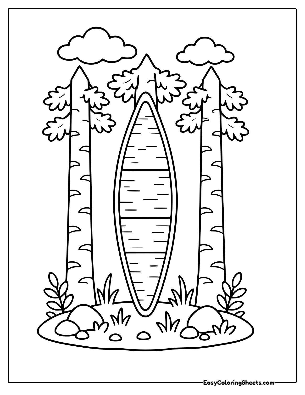 A canoe stands on its end between two tall birch trees with leafy tops and rocks at their base.