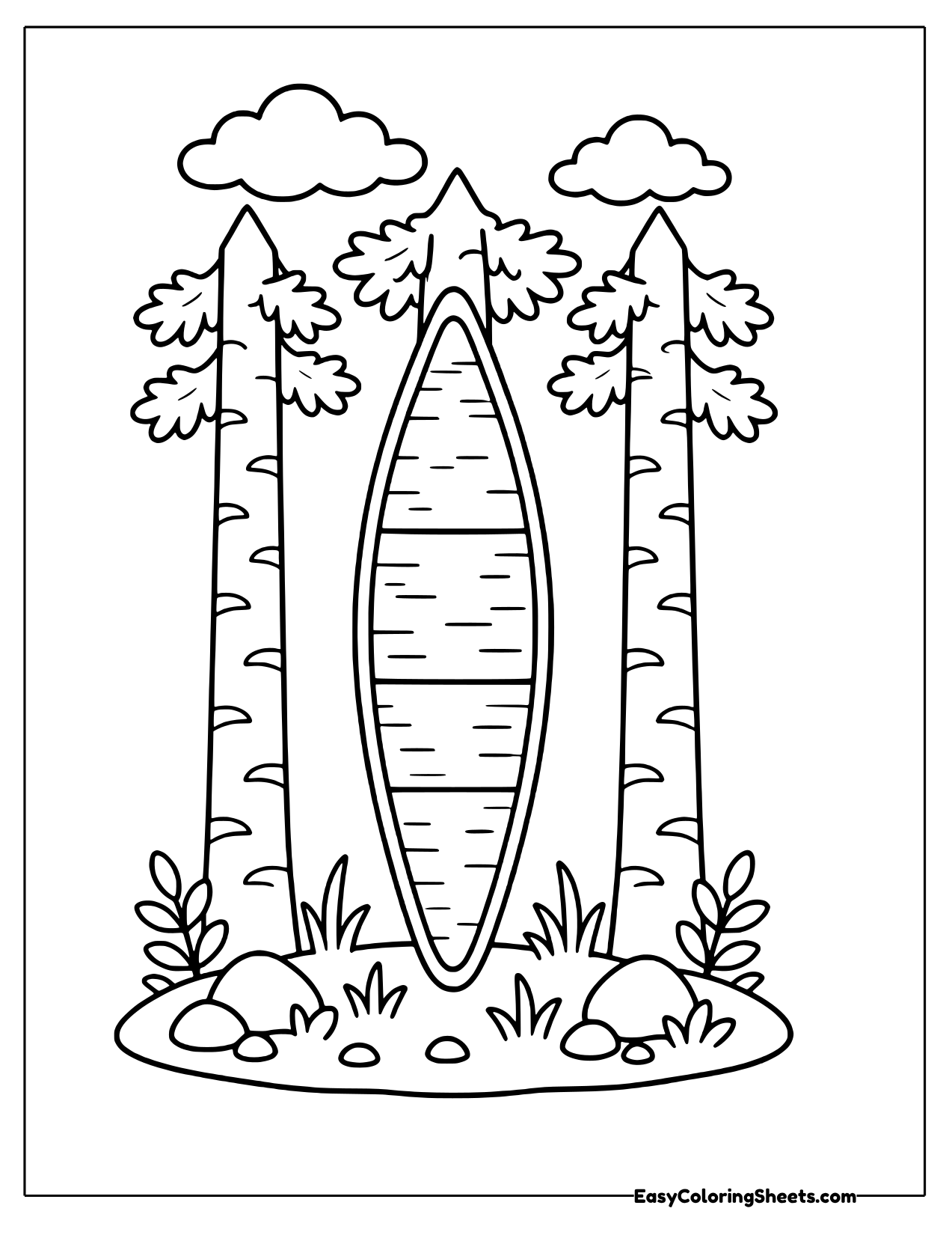 Canoe between two birch trees