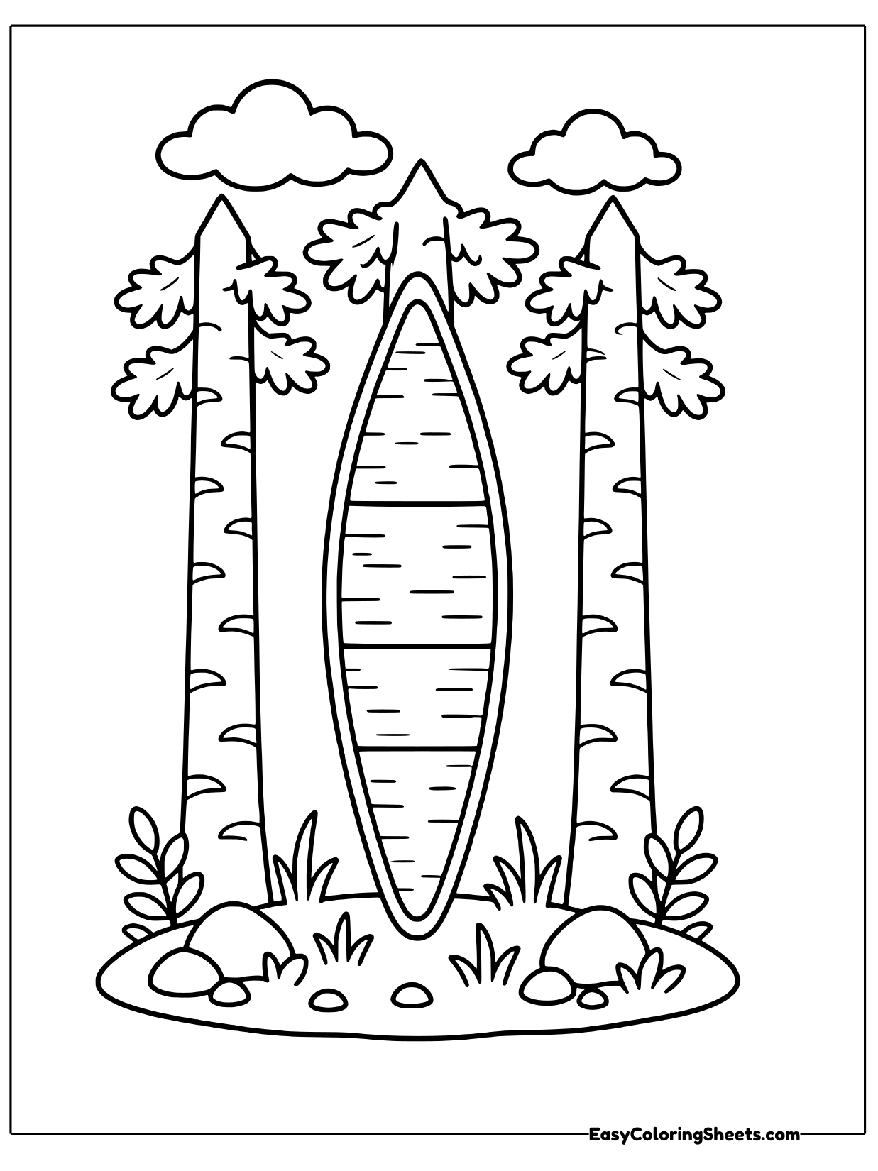 A canoe stands on its end between two tall birch trees with leafy tops and rocks at their base.