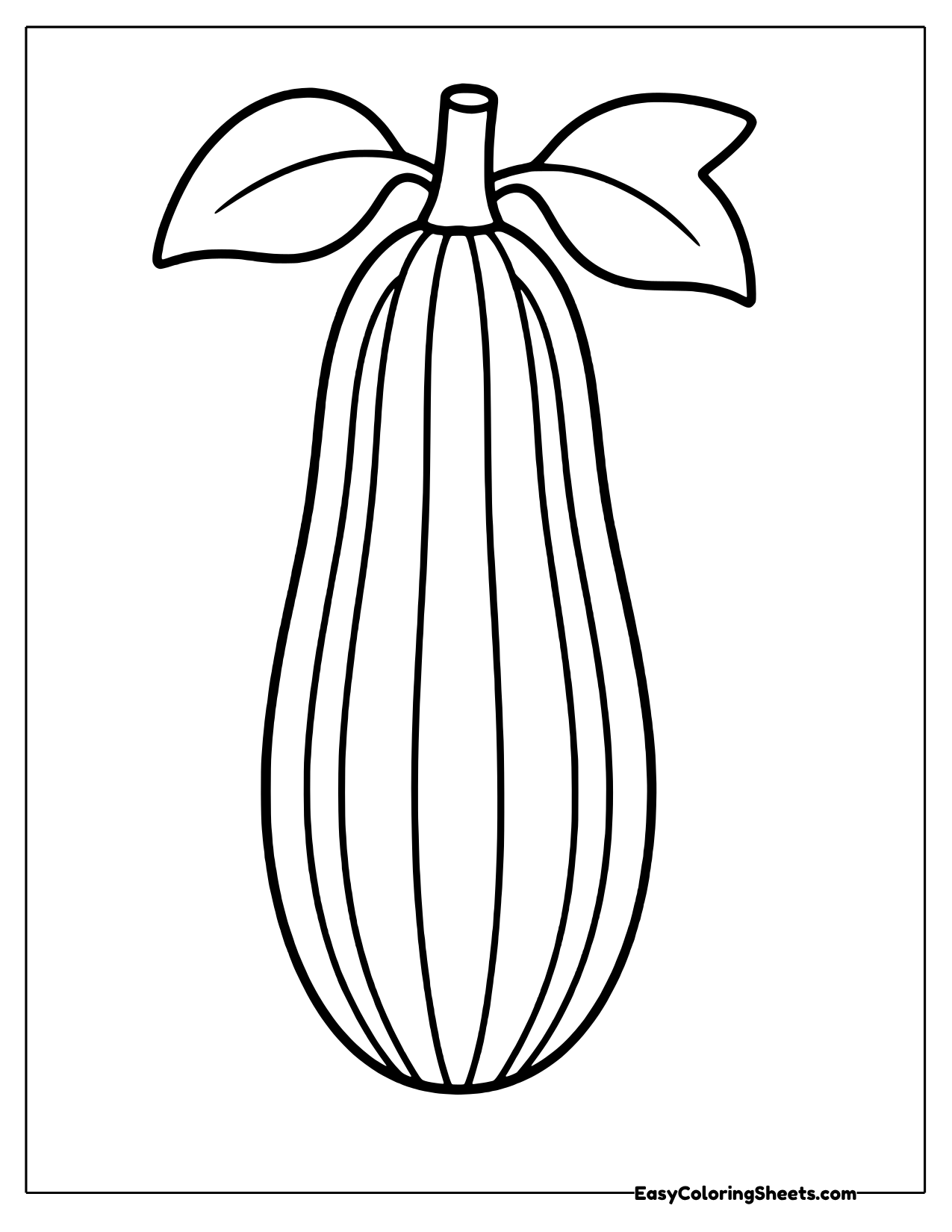 A tall striped zucchini stands upright with a ridged stem and two broad leaves spreading out at the top.