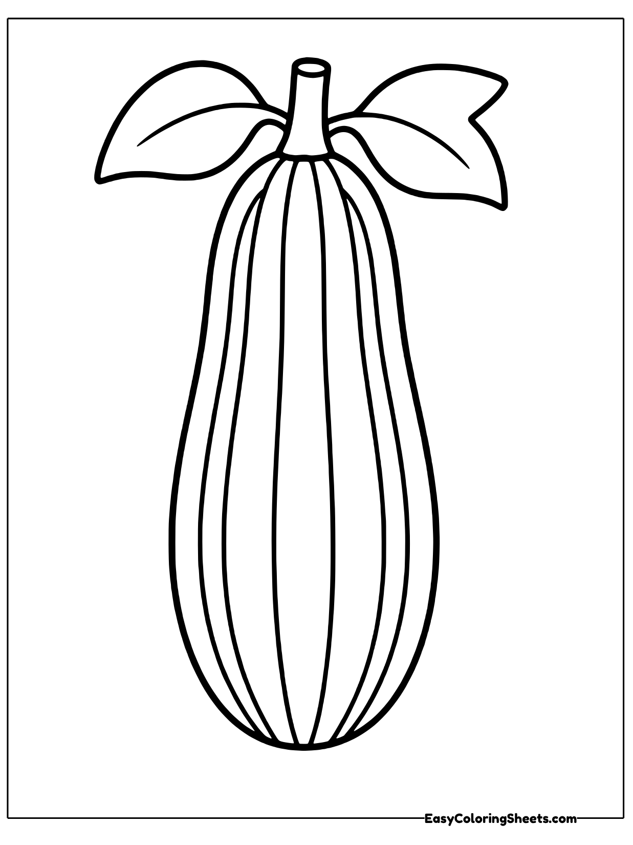 A tall striped zucchini stands upright with a ridged stem and two broad leaves spreading out at the top.
