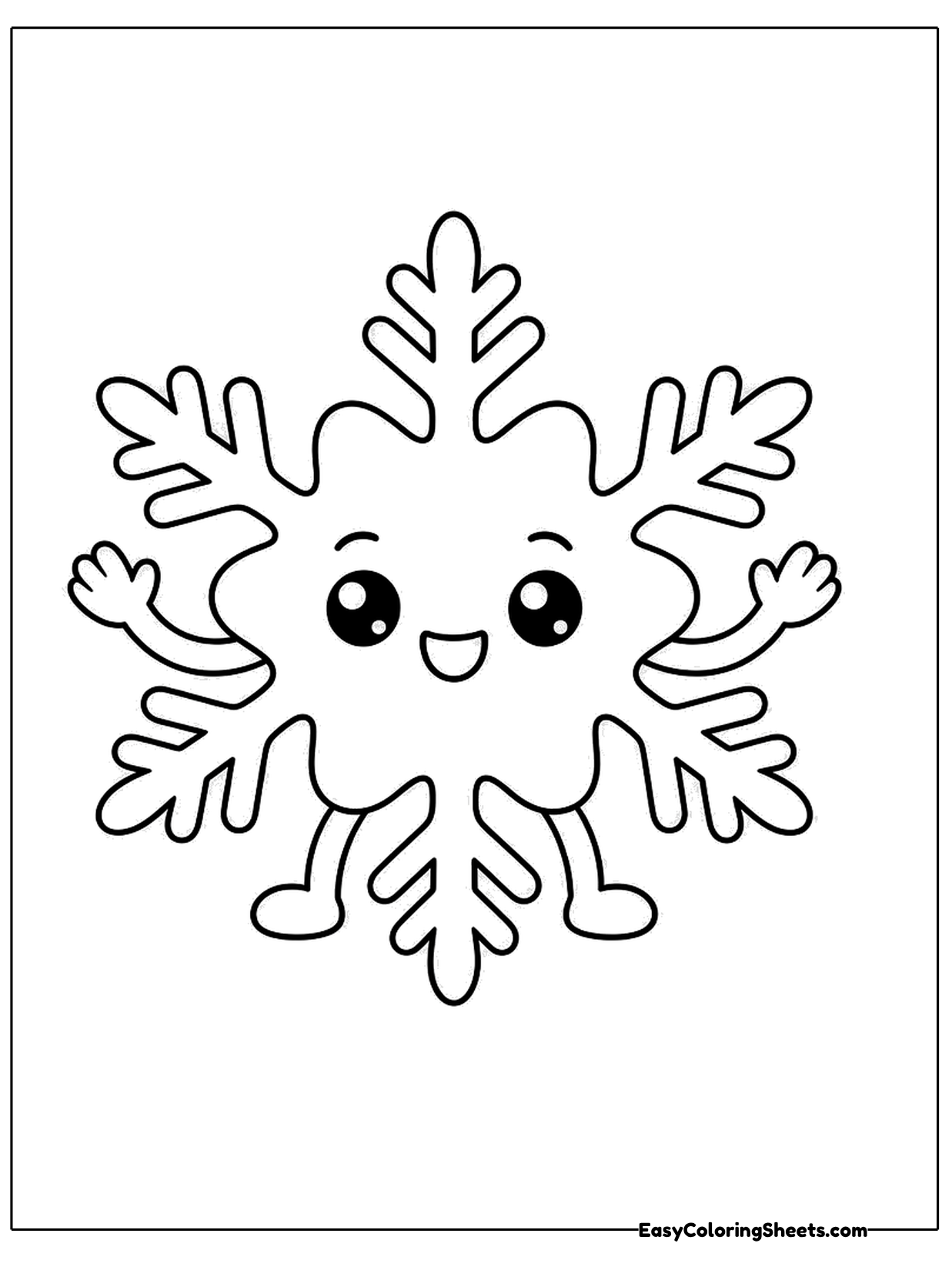 A six-arm snowflake shows a happy face with rosy cheeks right in its center.