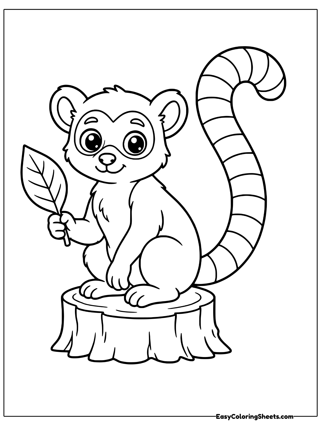 A lemur sits on a tree stump holding a leafy twig, with its tall striped tail curling up behind.