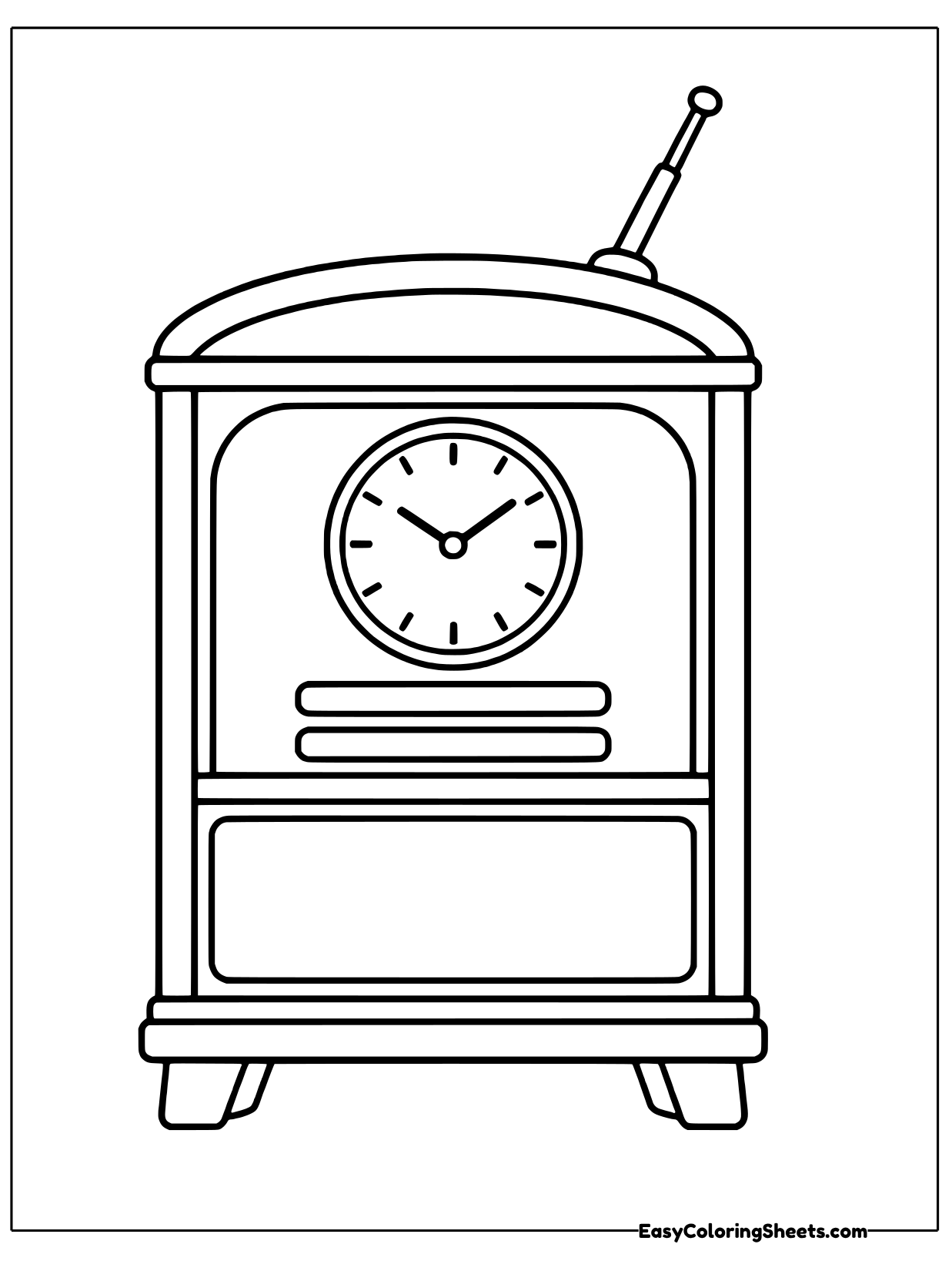 An old wooden radio cabinet has a round clock built into its front and an antenna sticking up from the top.