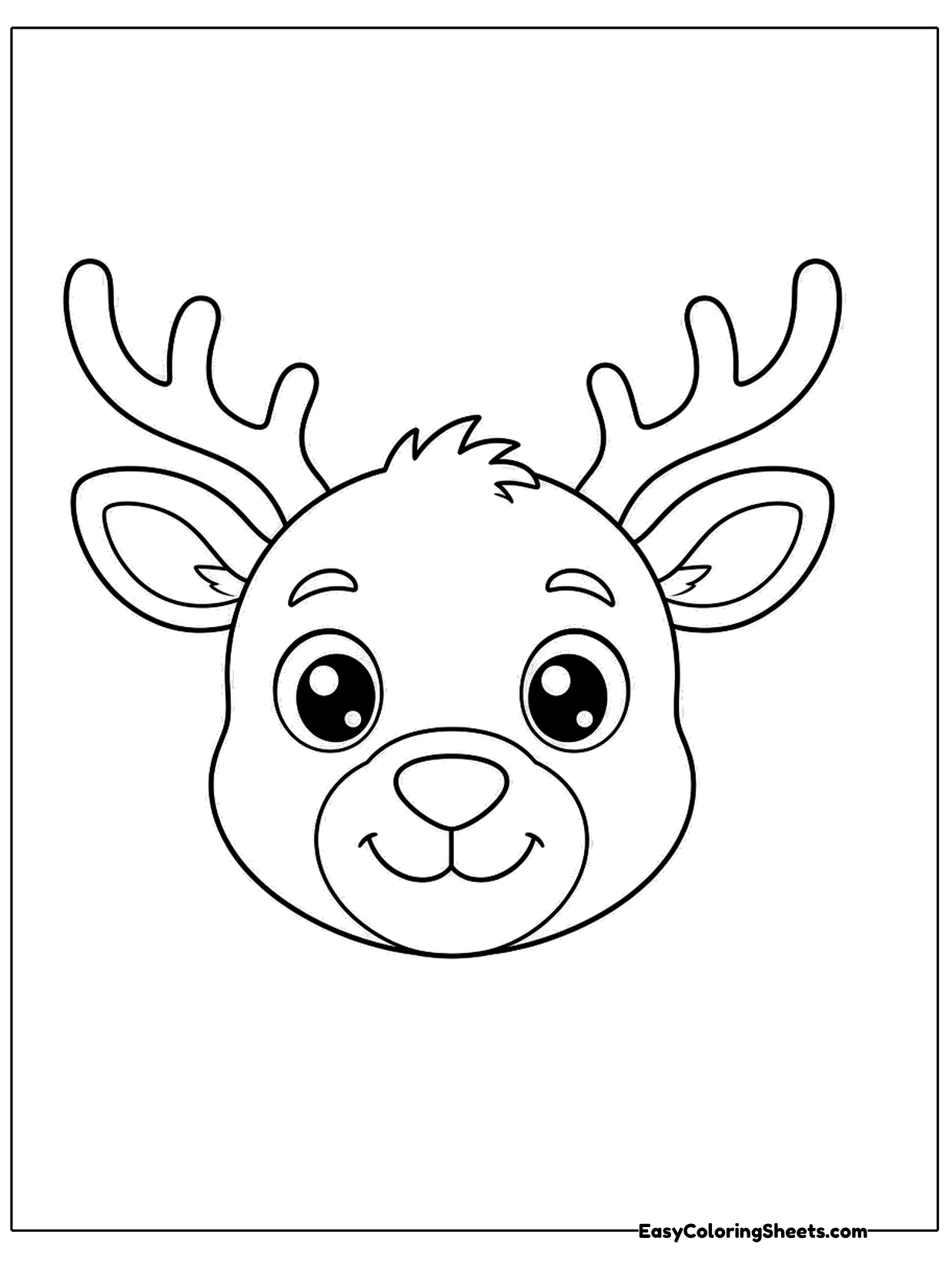 A close-up reindeer face fills the page with big antlers, large shiny eyes and a round nose.