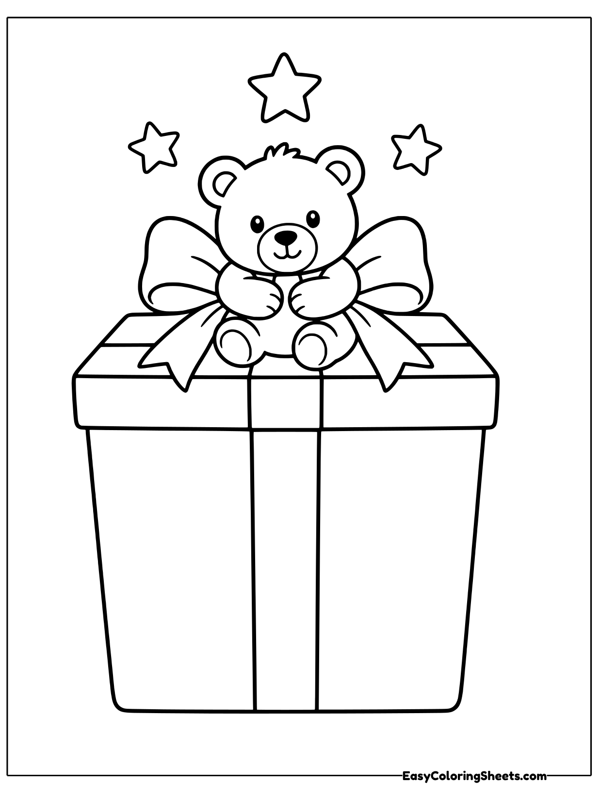 A small teddy bear sits on top of a wrapped Christmas present, hugging the big bow, with stars around it.