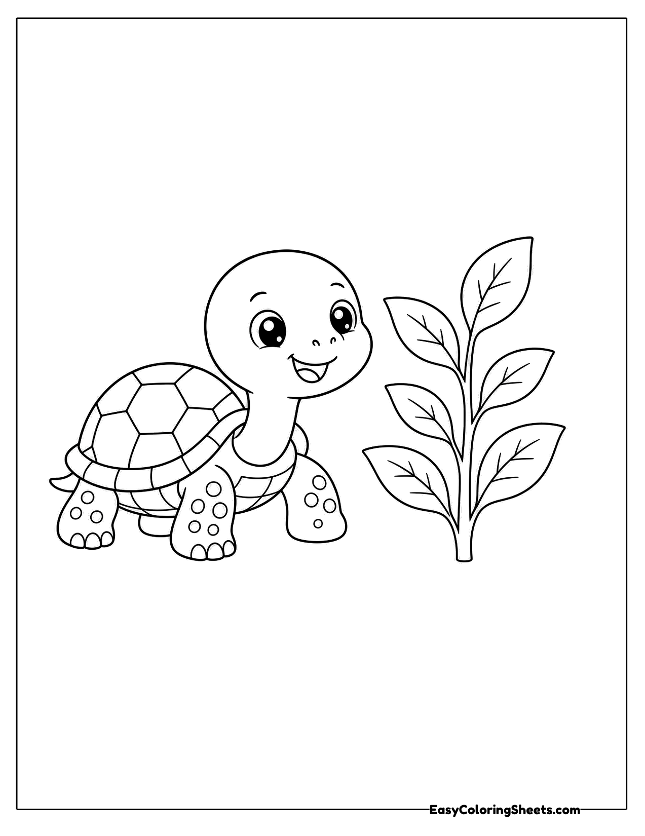 Turtle beside a leafy plant