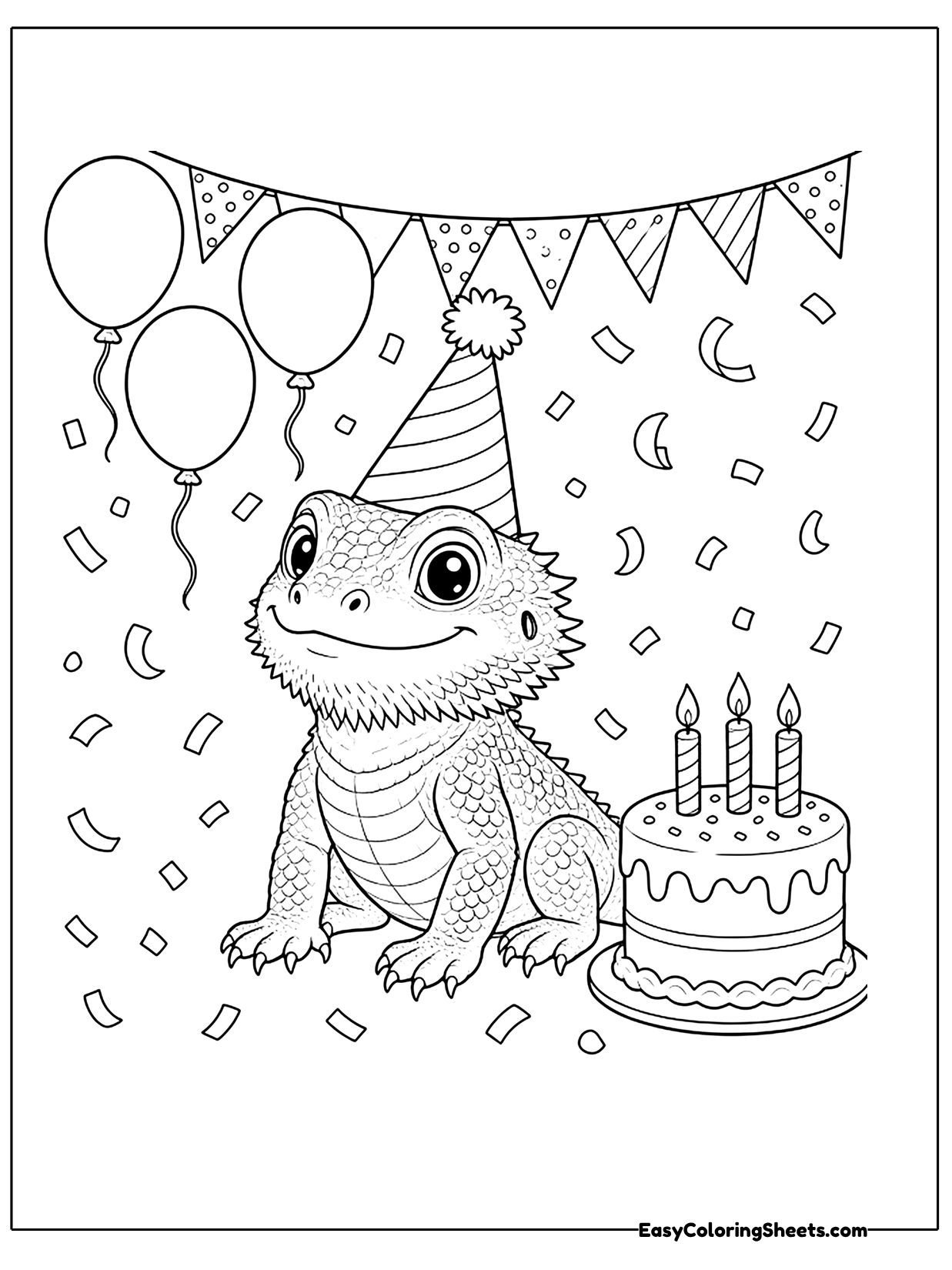 A bearded dragon wears a party hat beside a birthday cake with candles, with balloons and a banner above.