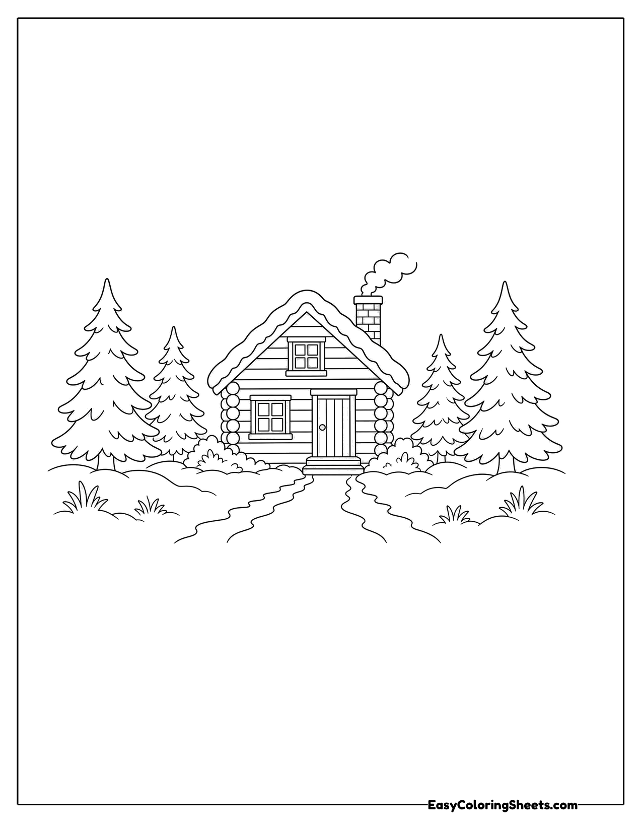Log cabin among snowy pine trees