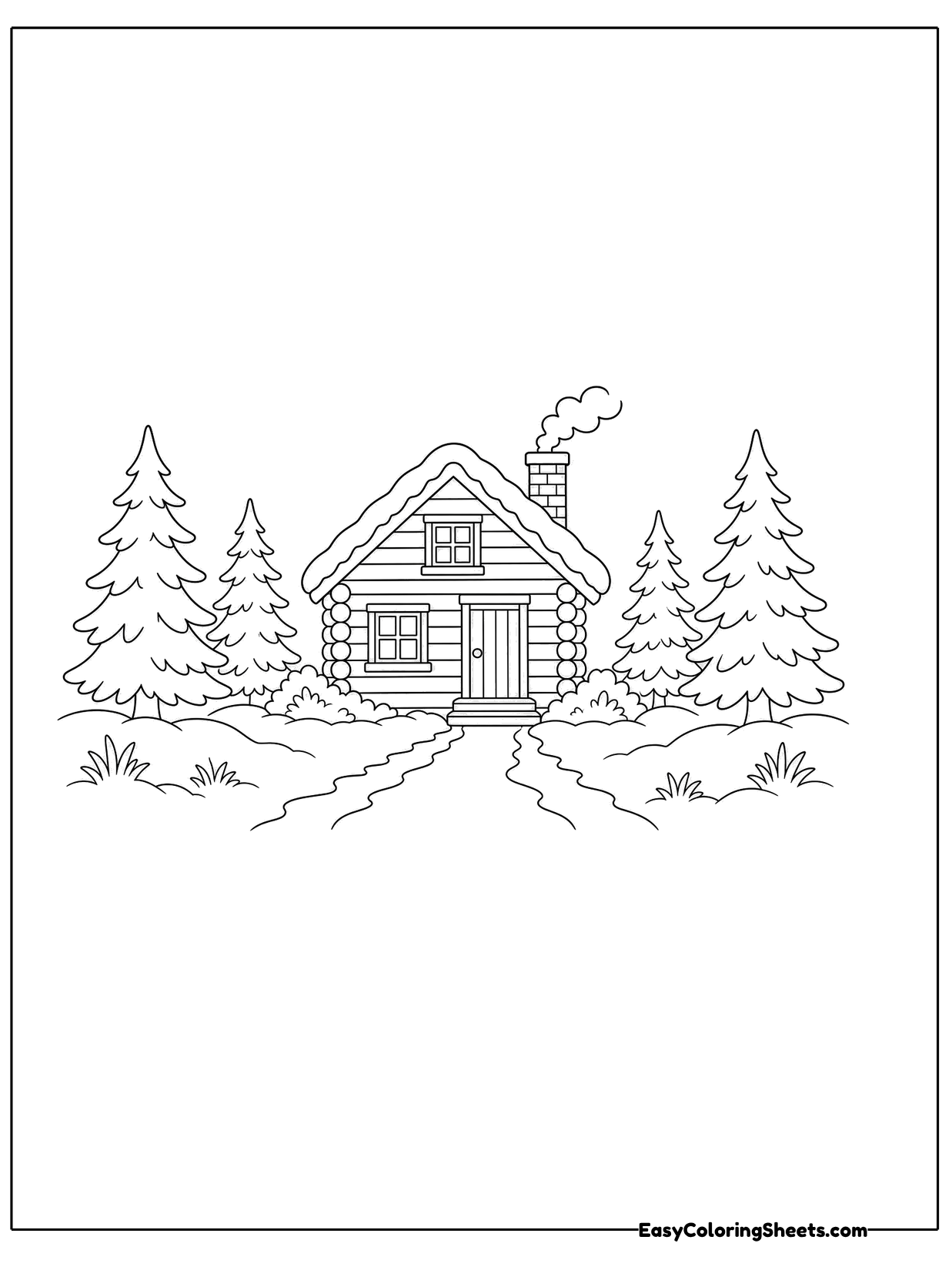 A cozy log cabin with a chimney puffing smoke sits among snow covered pine trees.