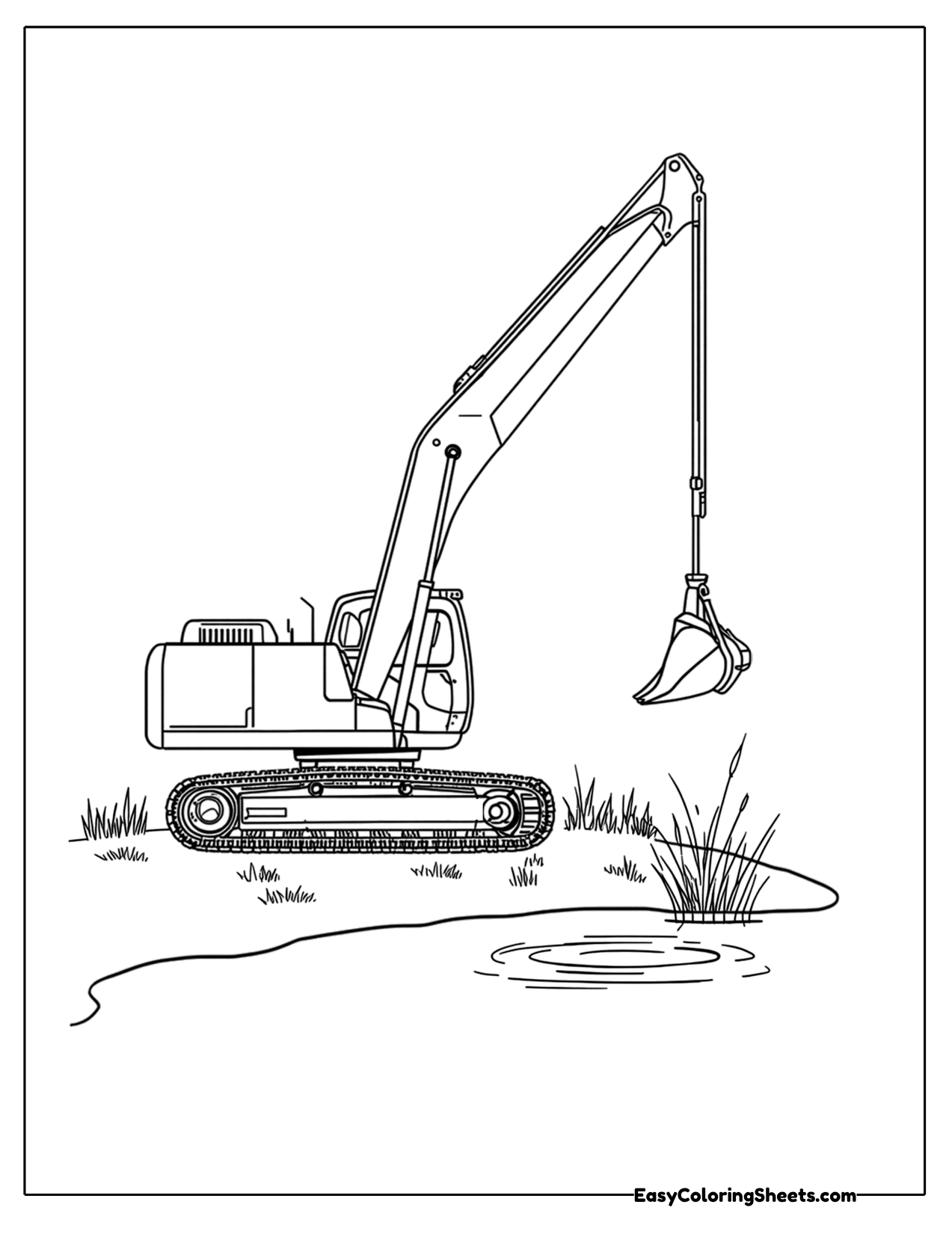 Long reach excavator by a pond