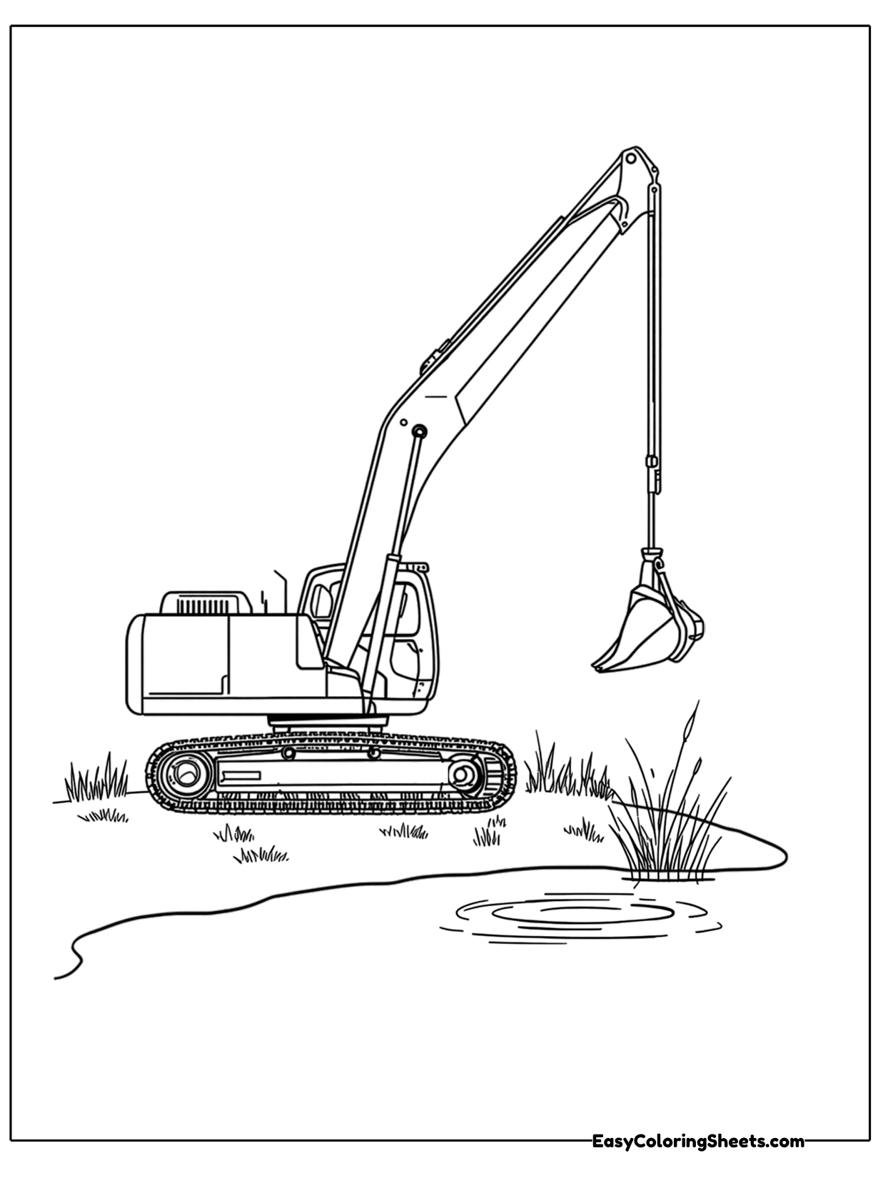 An excavator with an extra long arm reaches over a pond to dig.