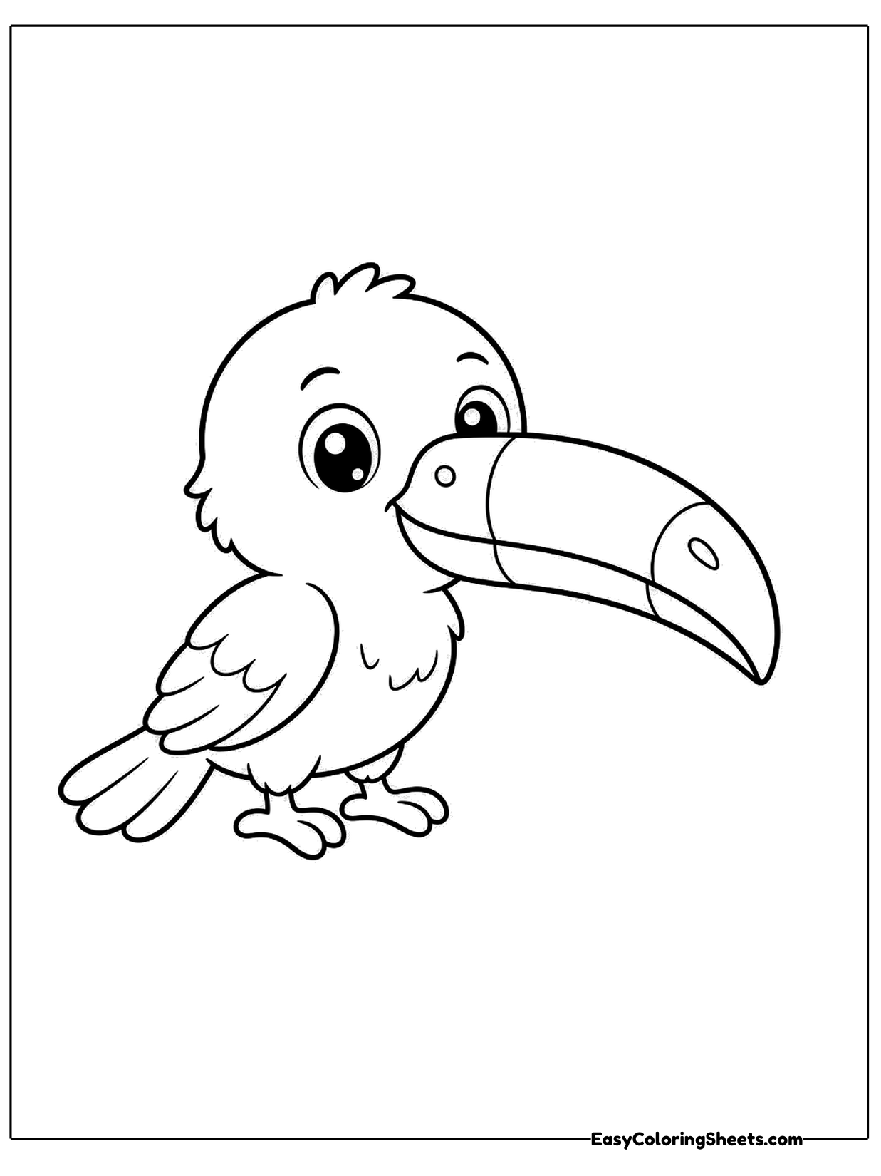 A young toucan with a huge curved beak, bright eyes and folded wings perches on the page.