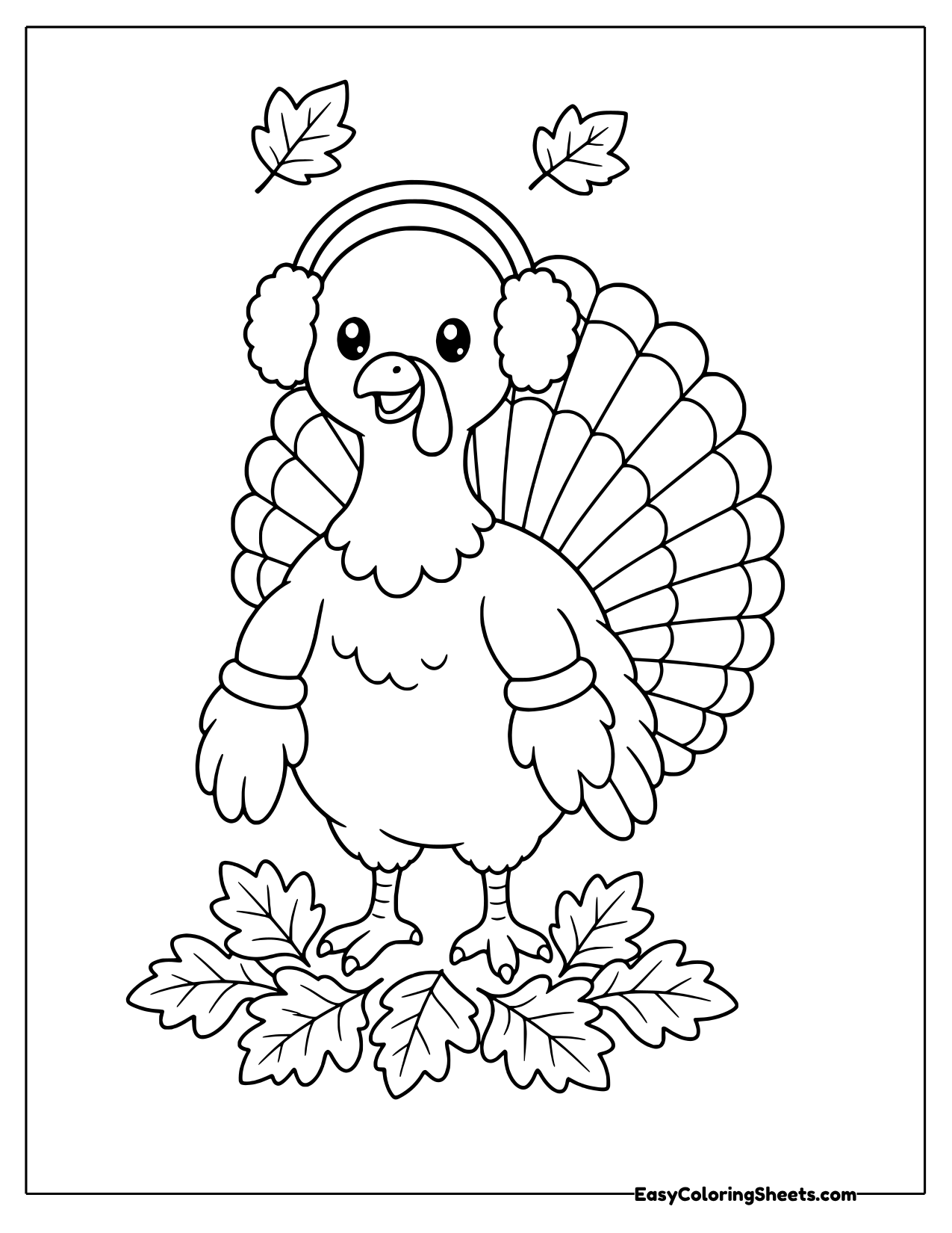 Turkey wearing fluffy earmuffs and mittens standing on autumn leaves