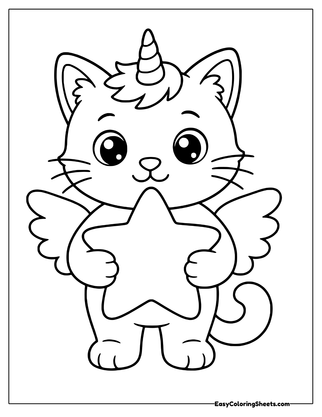 Winged unicorn cat hugging a big puffy star