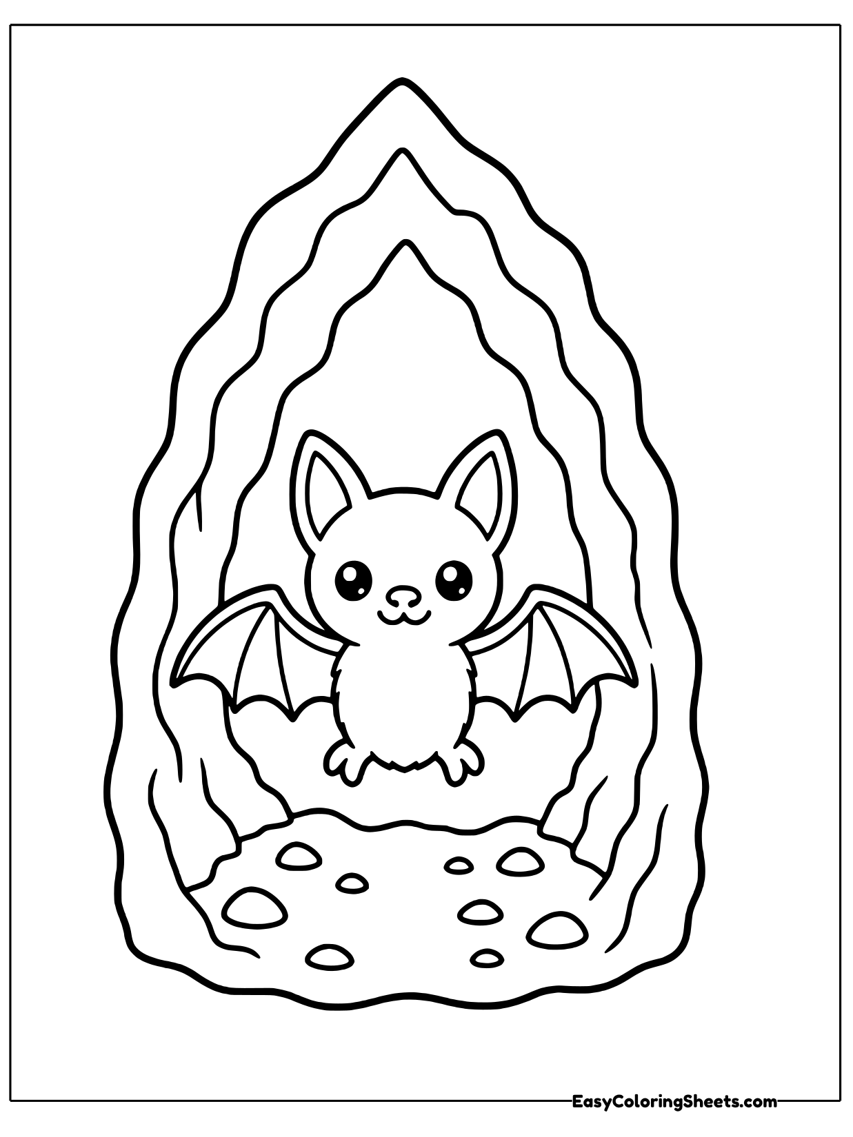 A bat sits inside a tall cave opening with layered rock walls and pebbles on the floor.