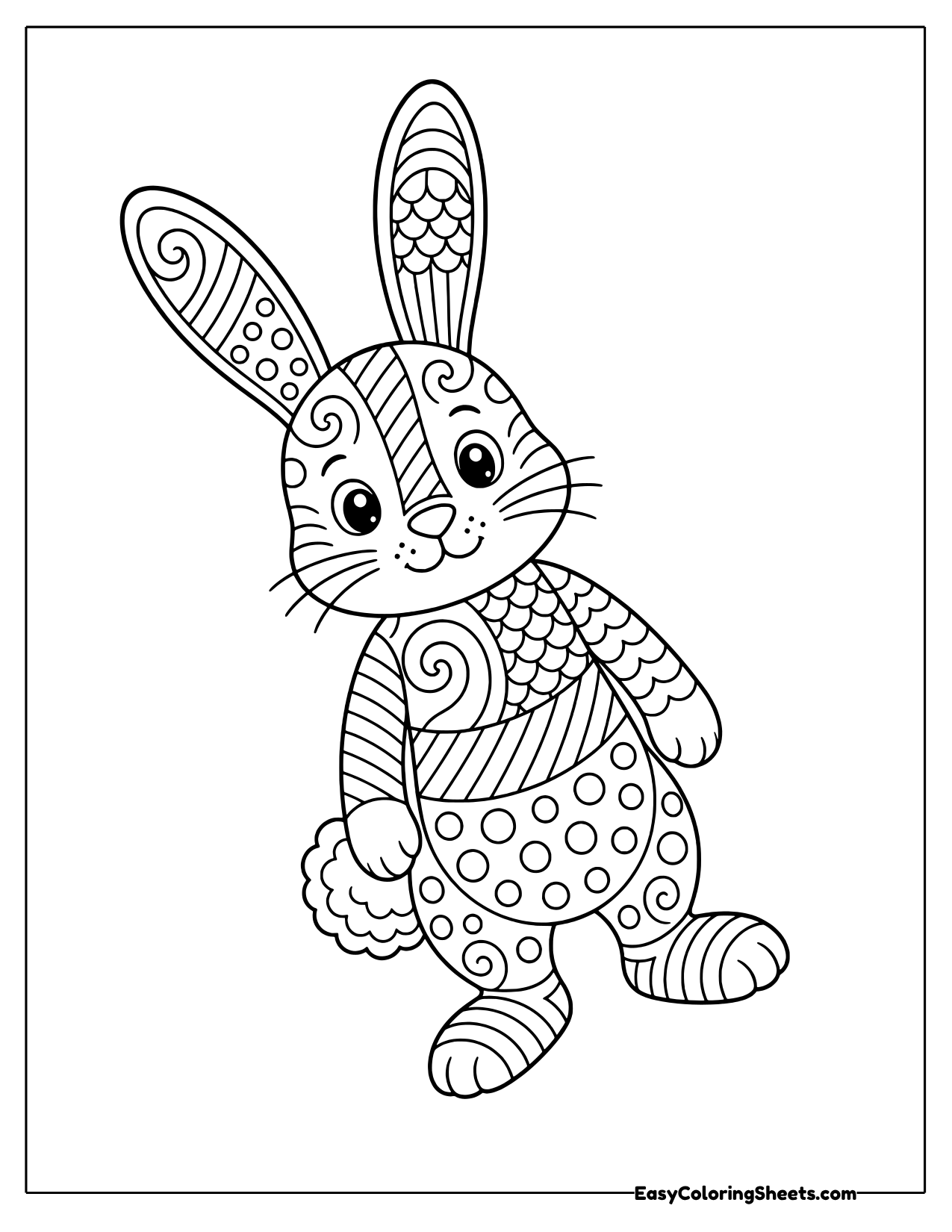 Standing bunny with tall ears decorated in zentangle stripes and dots