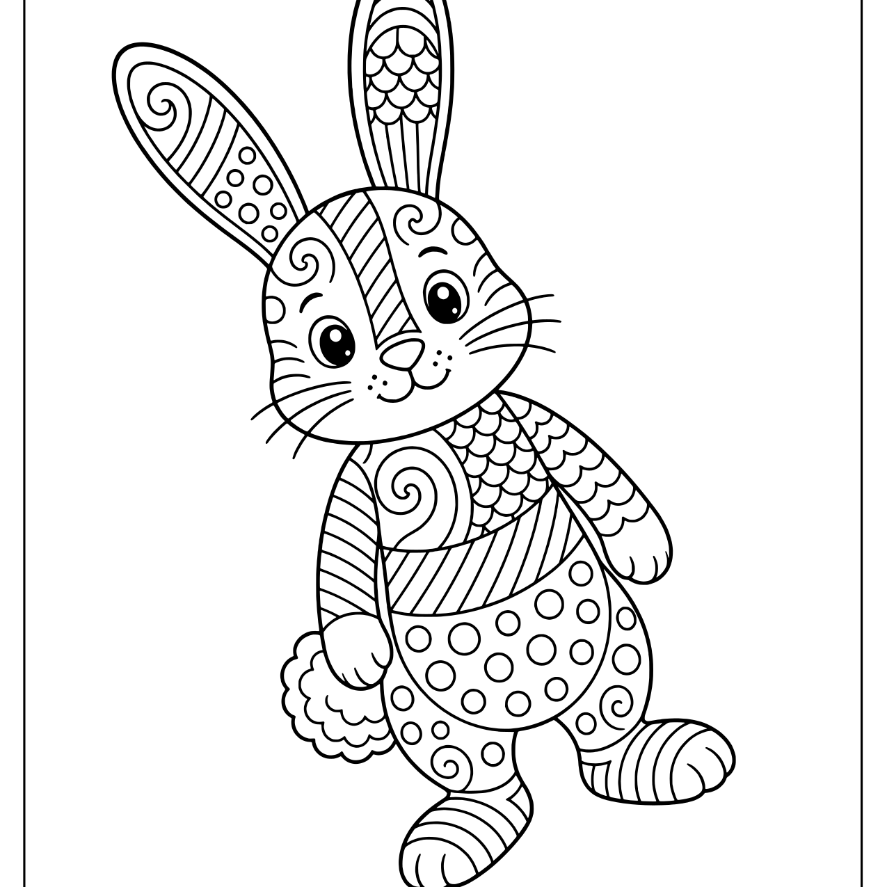 Standing bunny with tall ears decorated in zentangle stripes and dots