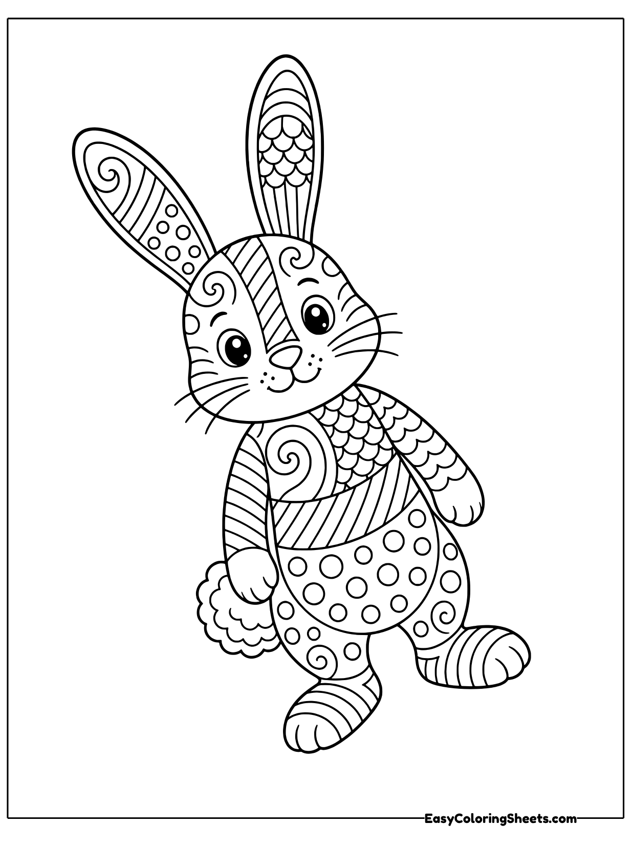 A standing bunny with tall ears is decorated all over with zentangle patterns, including stripes, polka dots, scales.