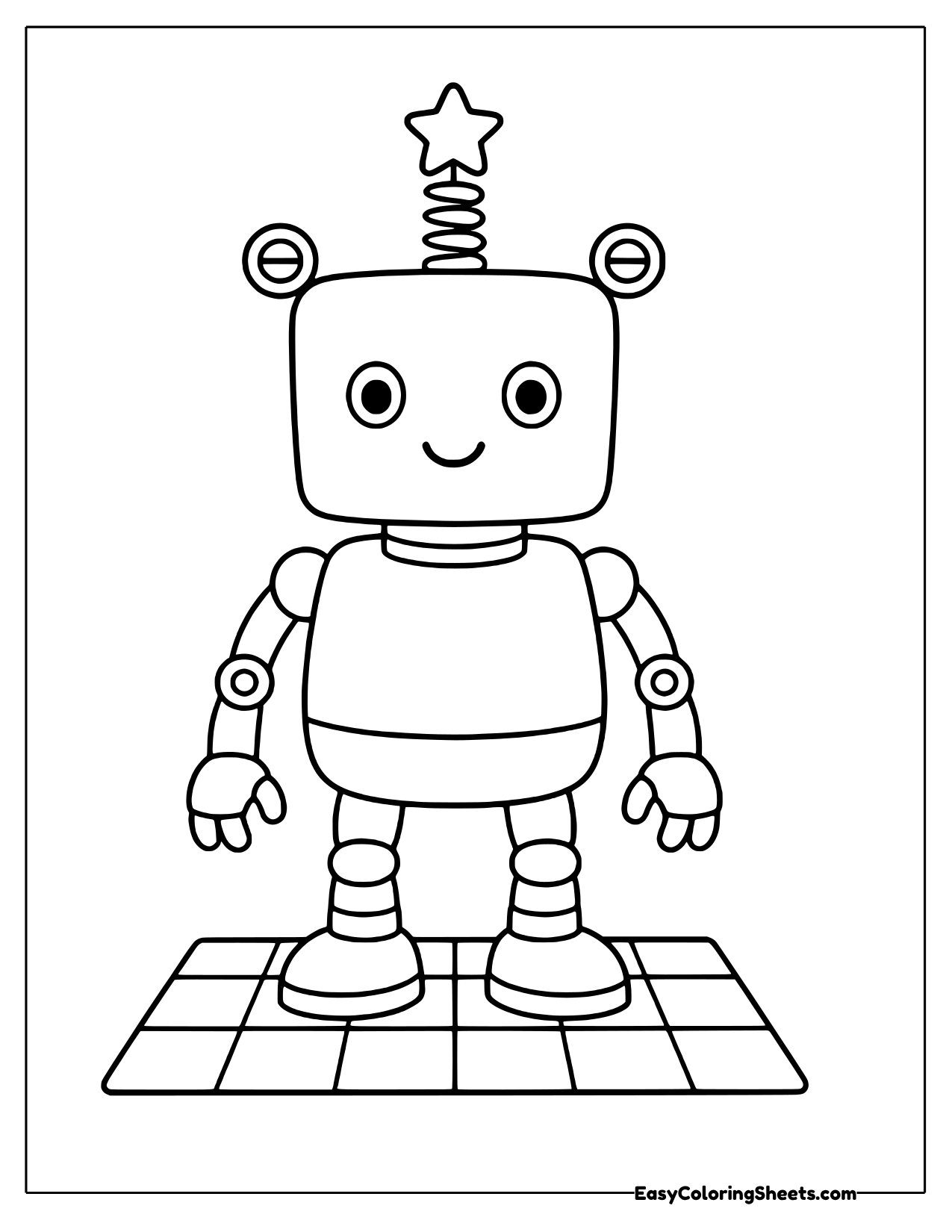 A robot with a coiled spring antenna topped with a star stands on a tiled floor.