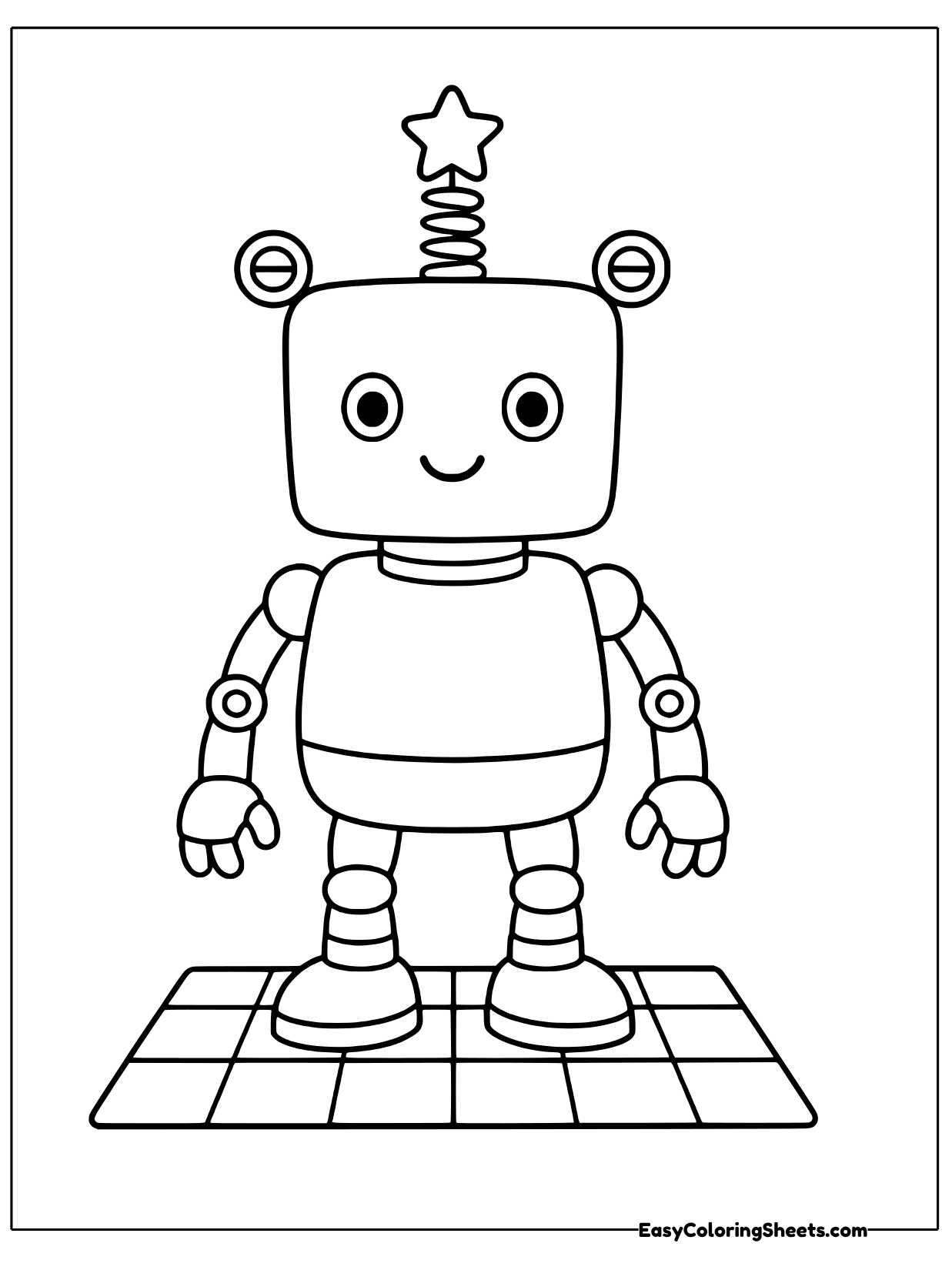 A robot with a coiled spring antenna topped with a star stands on a tiled floor.