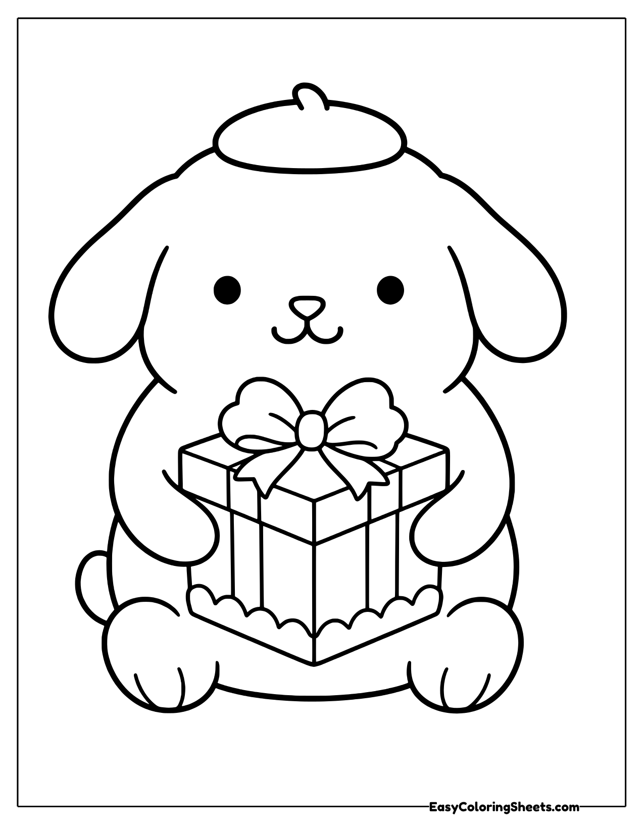 Pompompurin the dog holding a large wrapped gift box with a bow