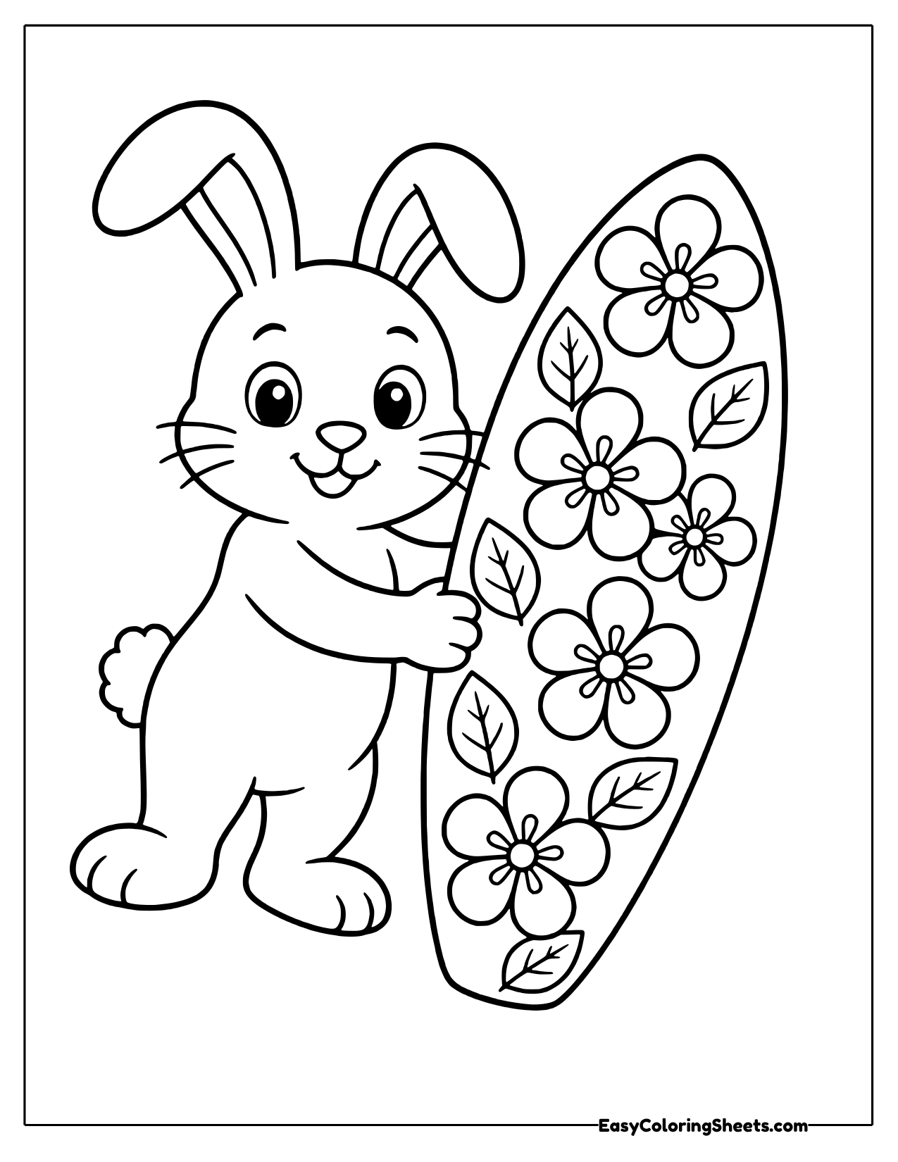 Tall flower-covered surfboard held by a smiling bunny
