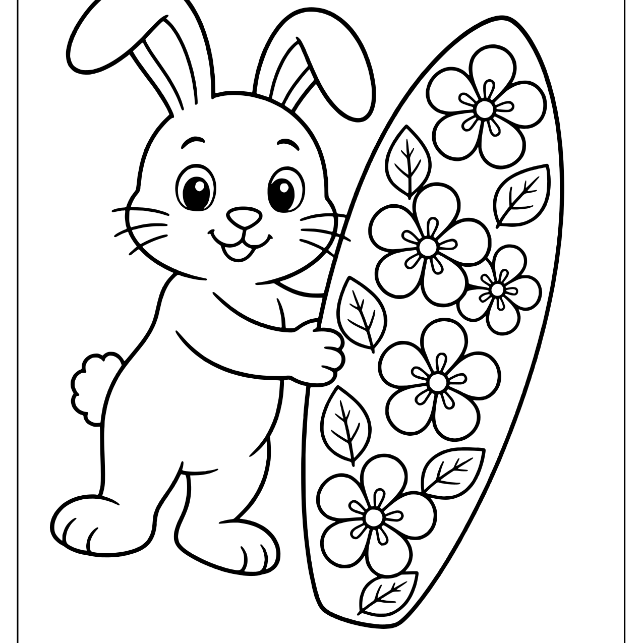 Tall flower-covered surfboard held by a smiling bunny
