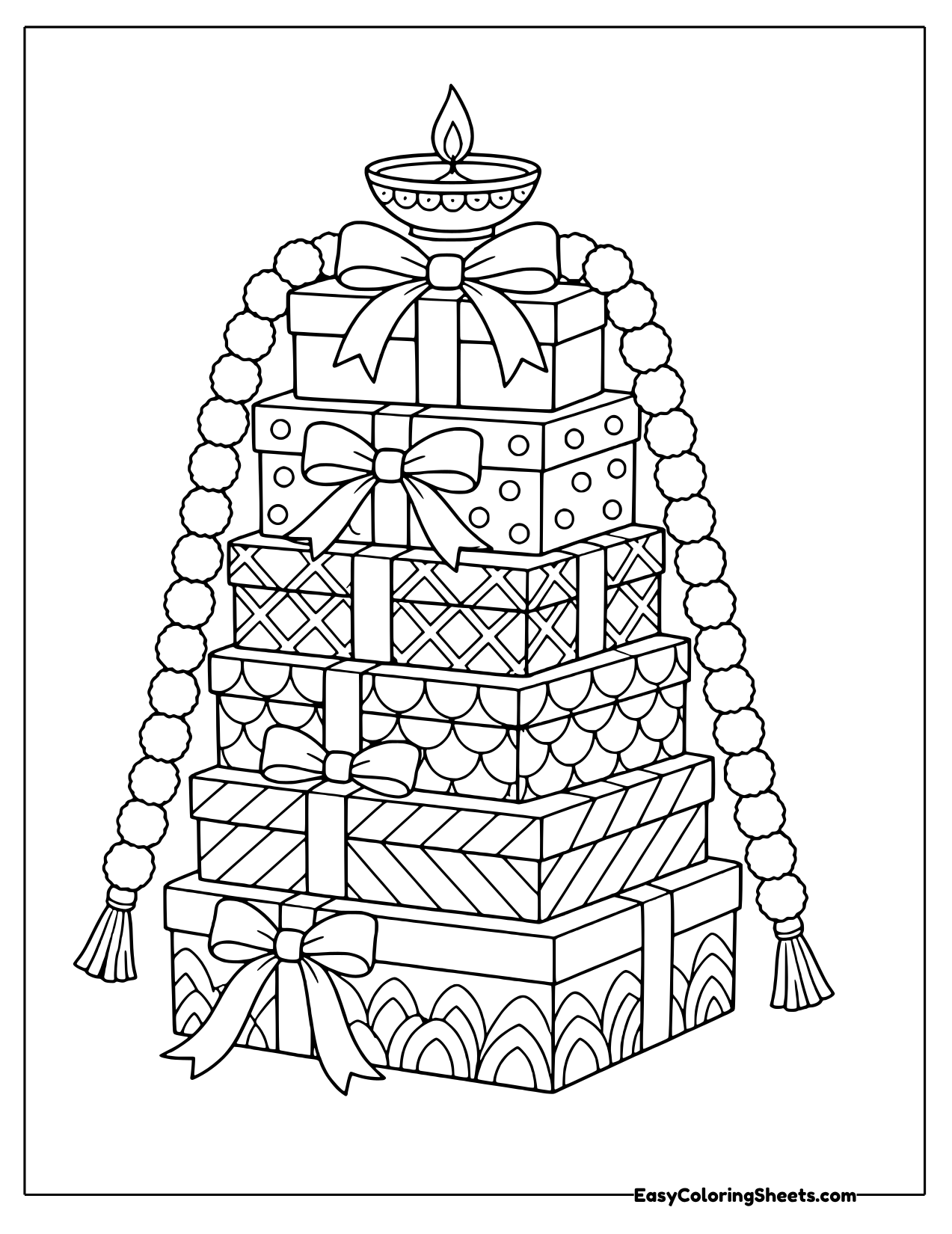Tower of Diwali gift boxes with garlands