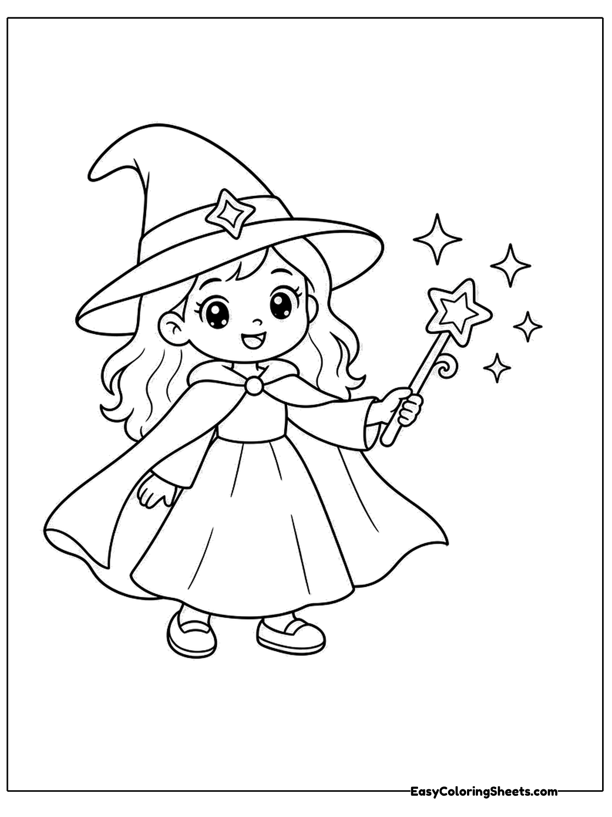 A girl in a witch hat holds a sparkling wand.