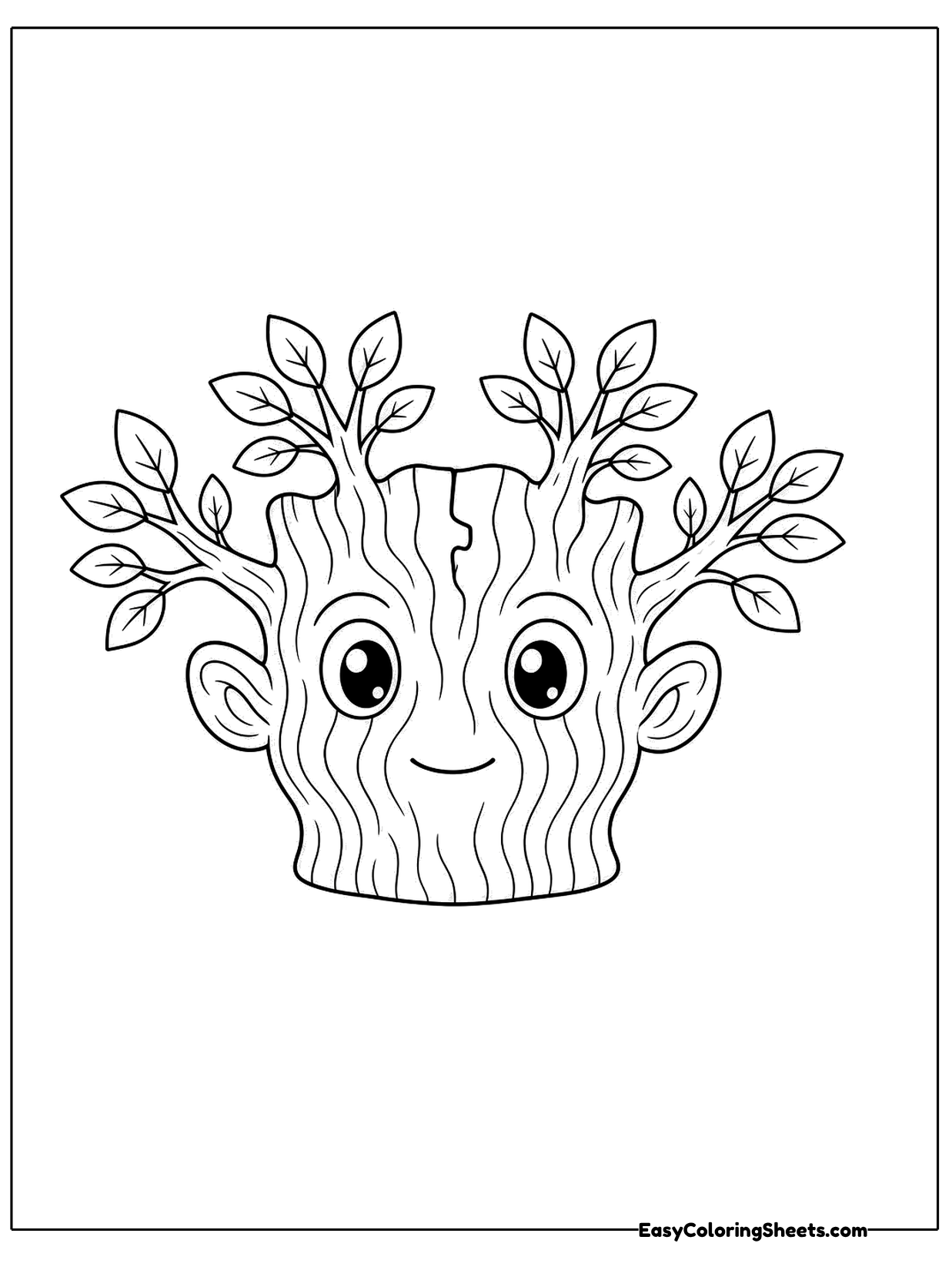 A short tree stump with a big round face has little leafy twigs sprouting from its head and sides.