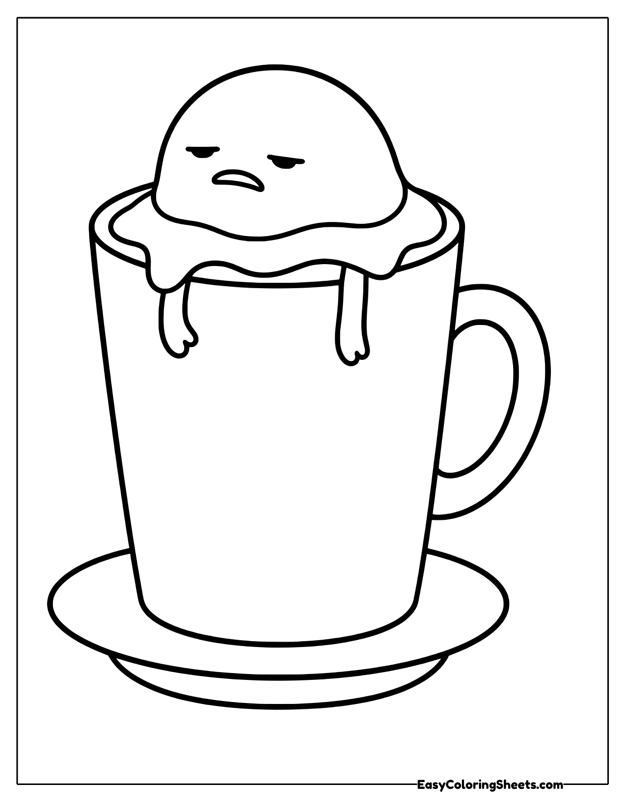 Gudetama slumped over the rim of a tall mug with arms dangling, mug on a saucer