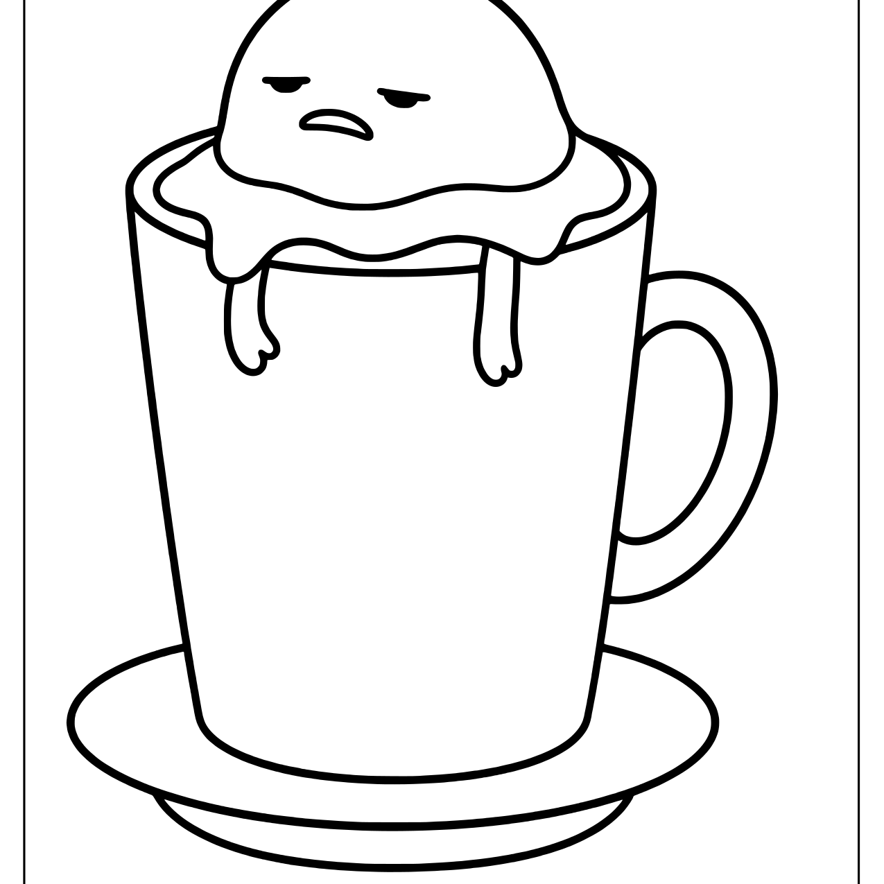 Gudetama slumped over the rim of a tall mug with arms dangling, mug on a saucer