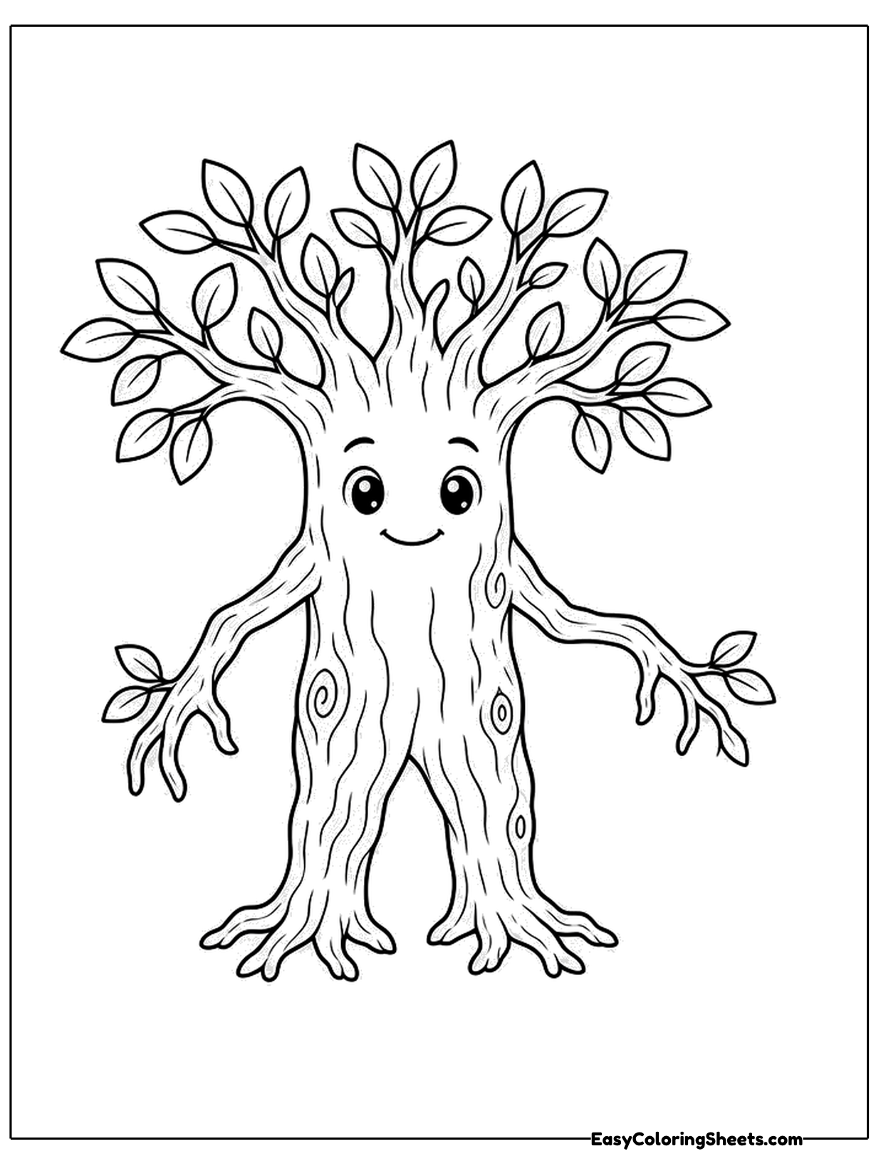 A tall tree character stands with branch arms stretched out to the sides and leafy twigs growing from its head and shoulders.