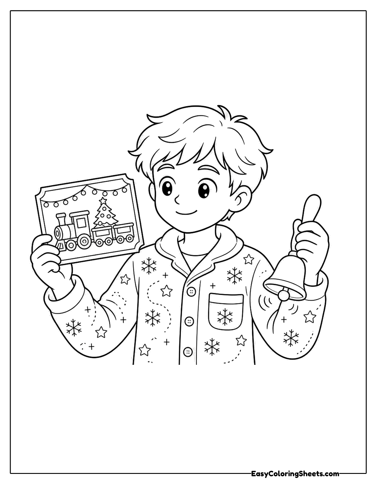 Boy in pajamas holding a train ticket and bell