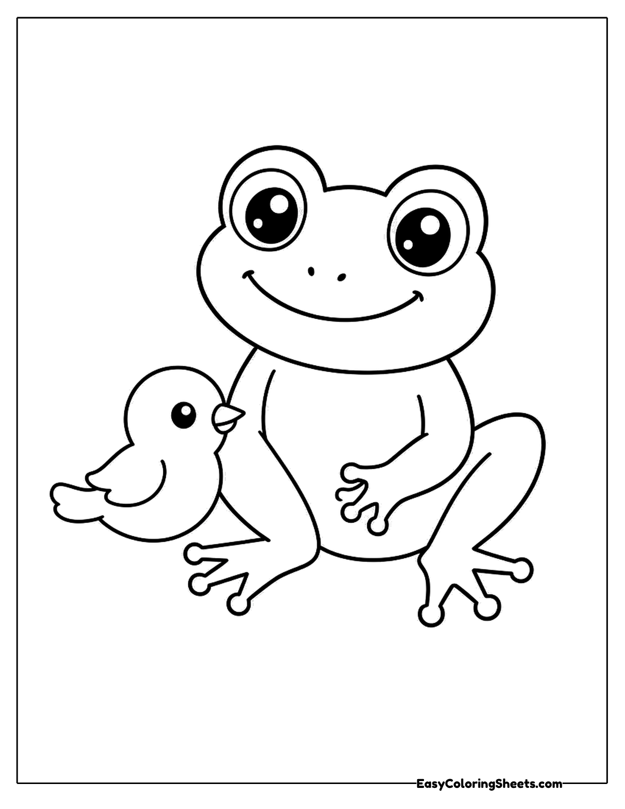 Frog sitting beside a little round bird