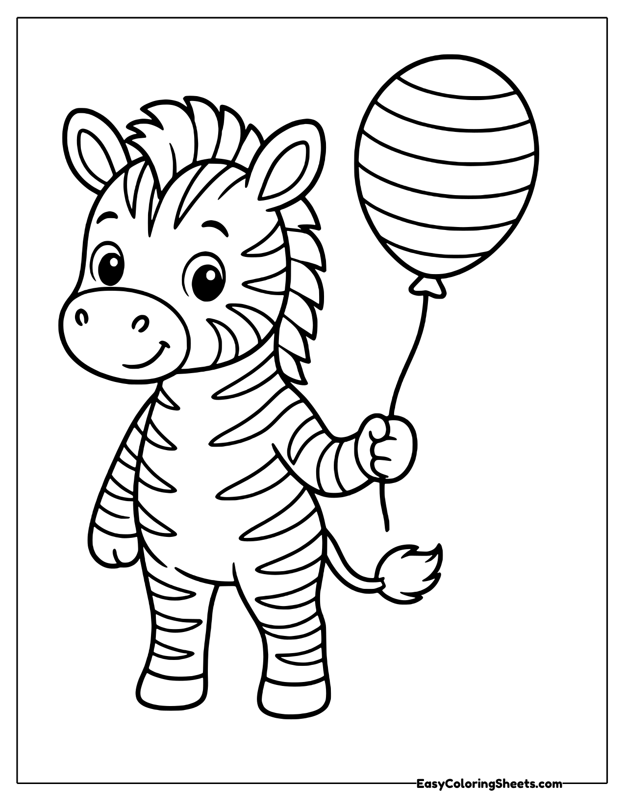 Smiling zebra standing and holding a striped balloon