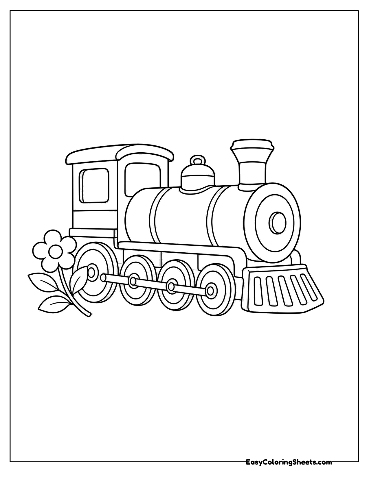 Steam engine with a flower growing beside it