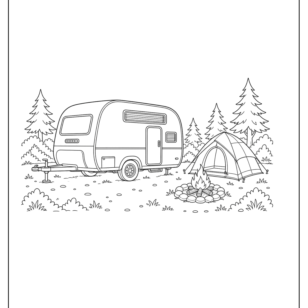 Camper trailer parked at a forest campsite