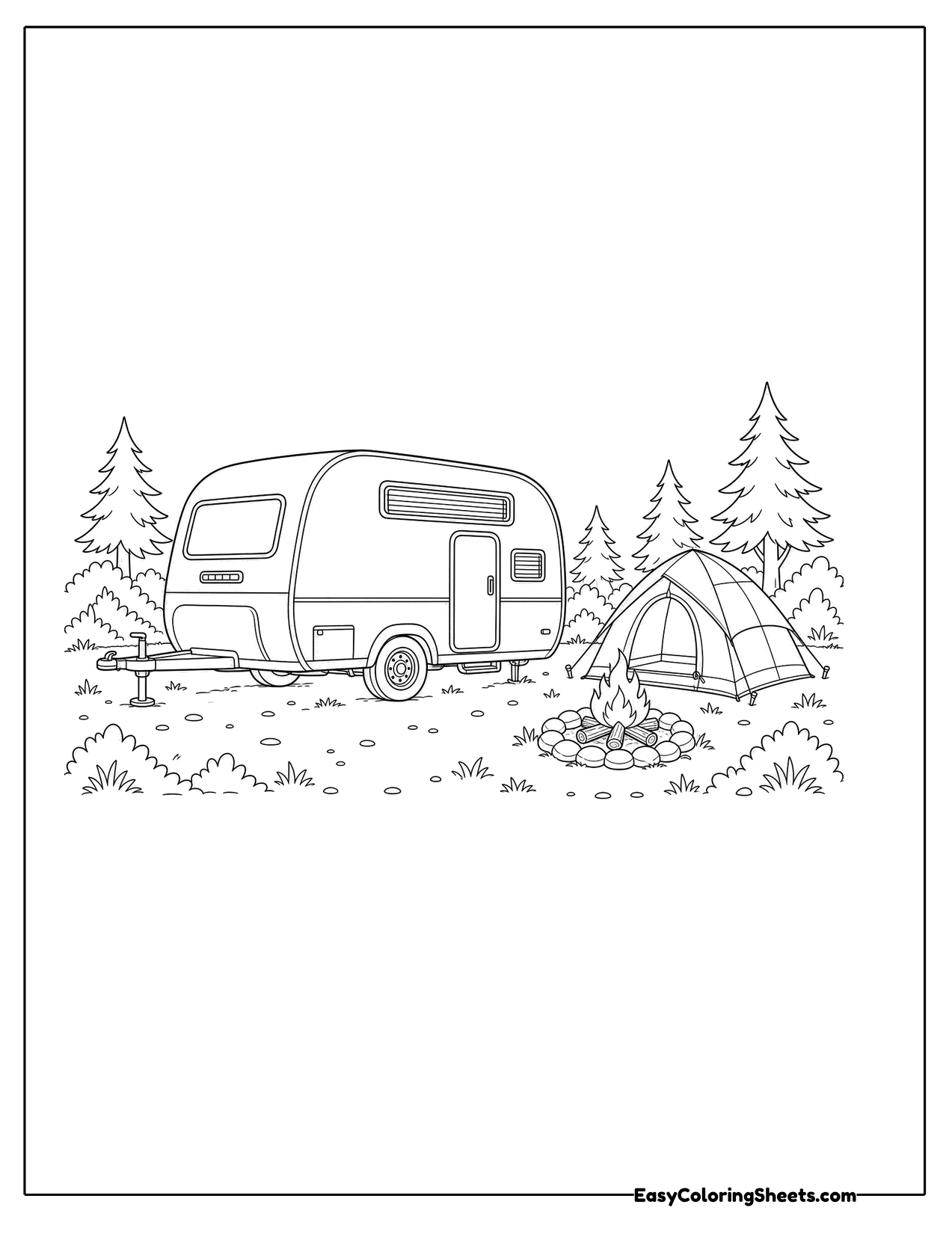 Camper trailer parked at a forest campsite