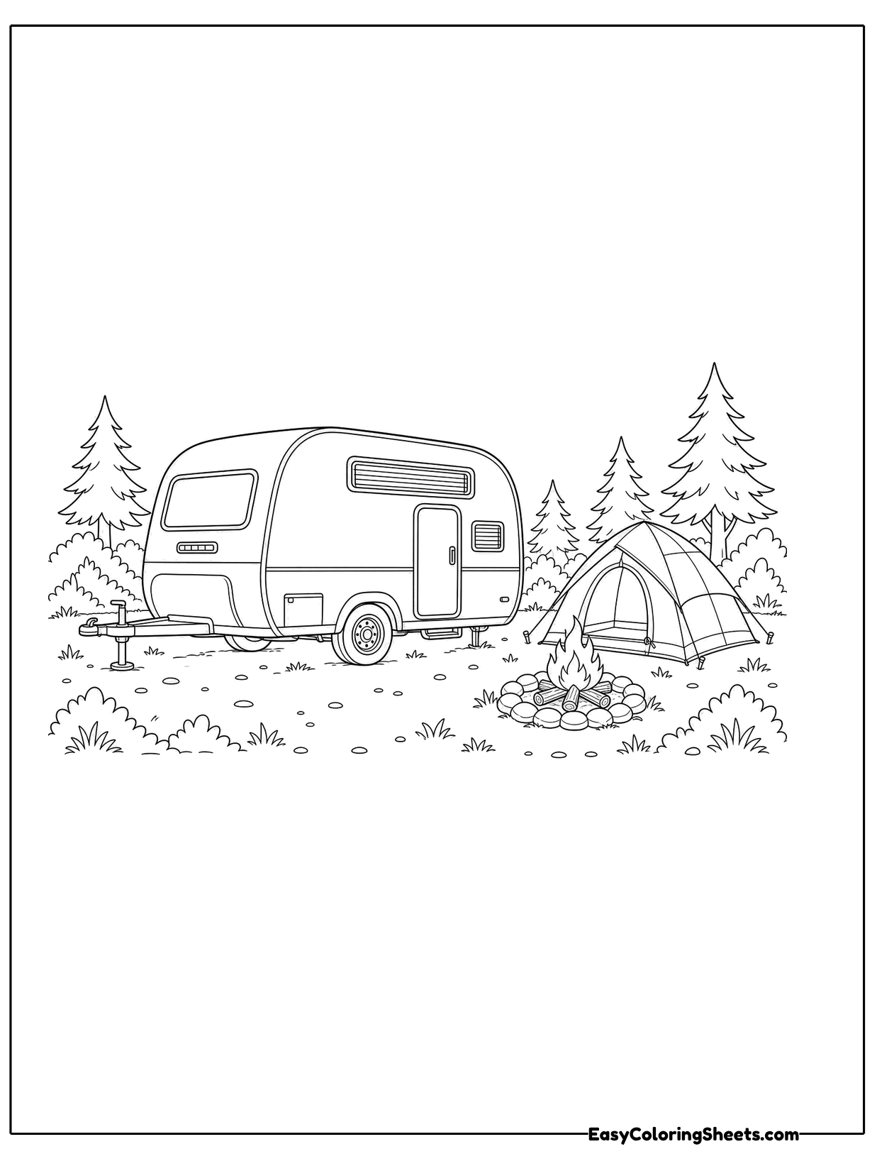 A camper trailer is parked among tall pine trees at a campsite with a tent and a picnic area nearby.
