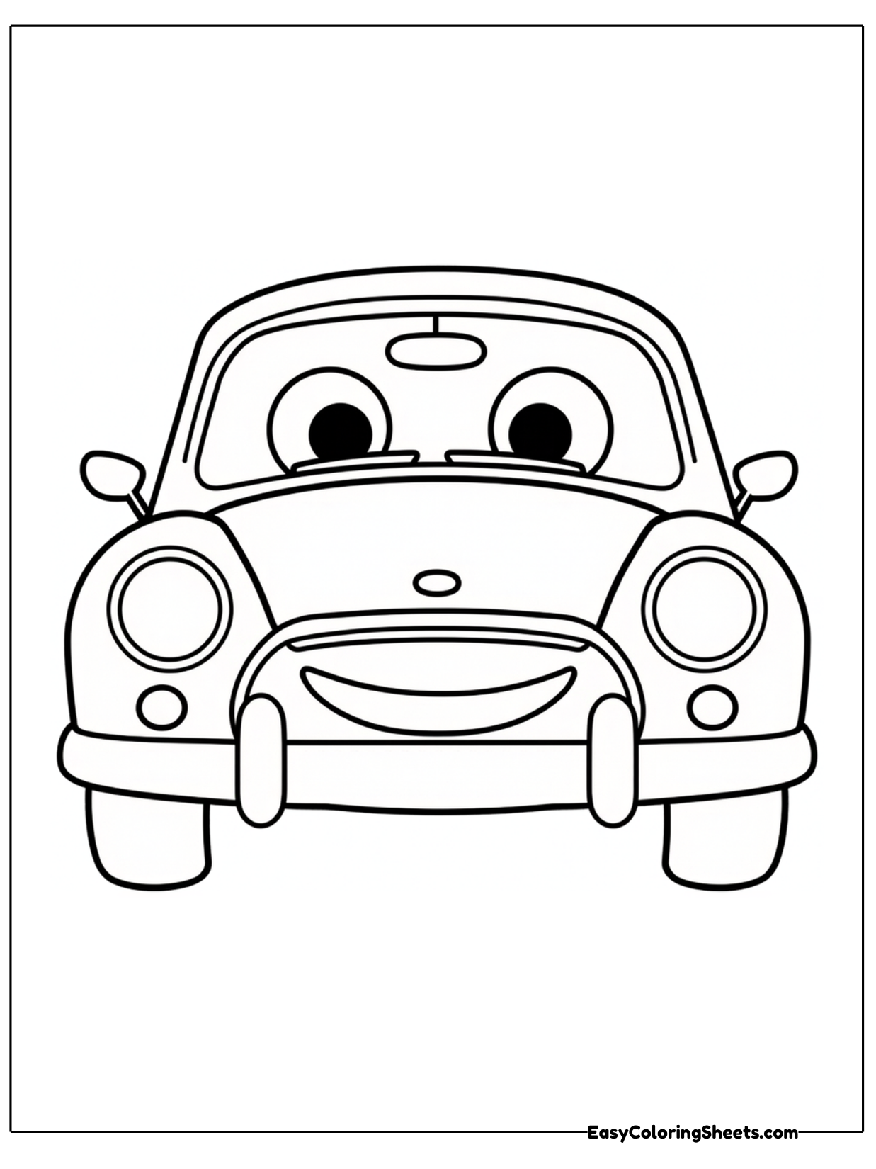 A friendly family car looks straight ahead with large cartoon eyes on its windshield and a wide smile below.