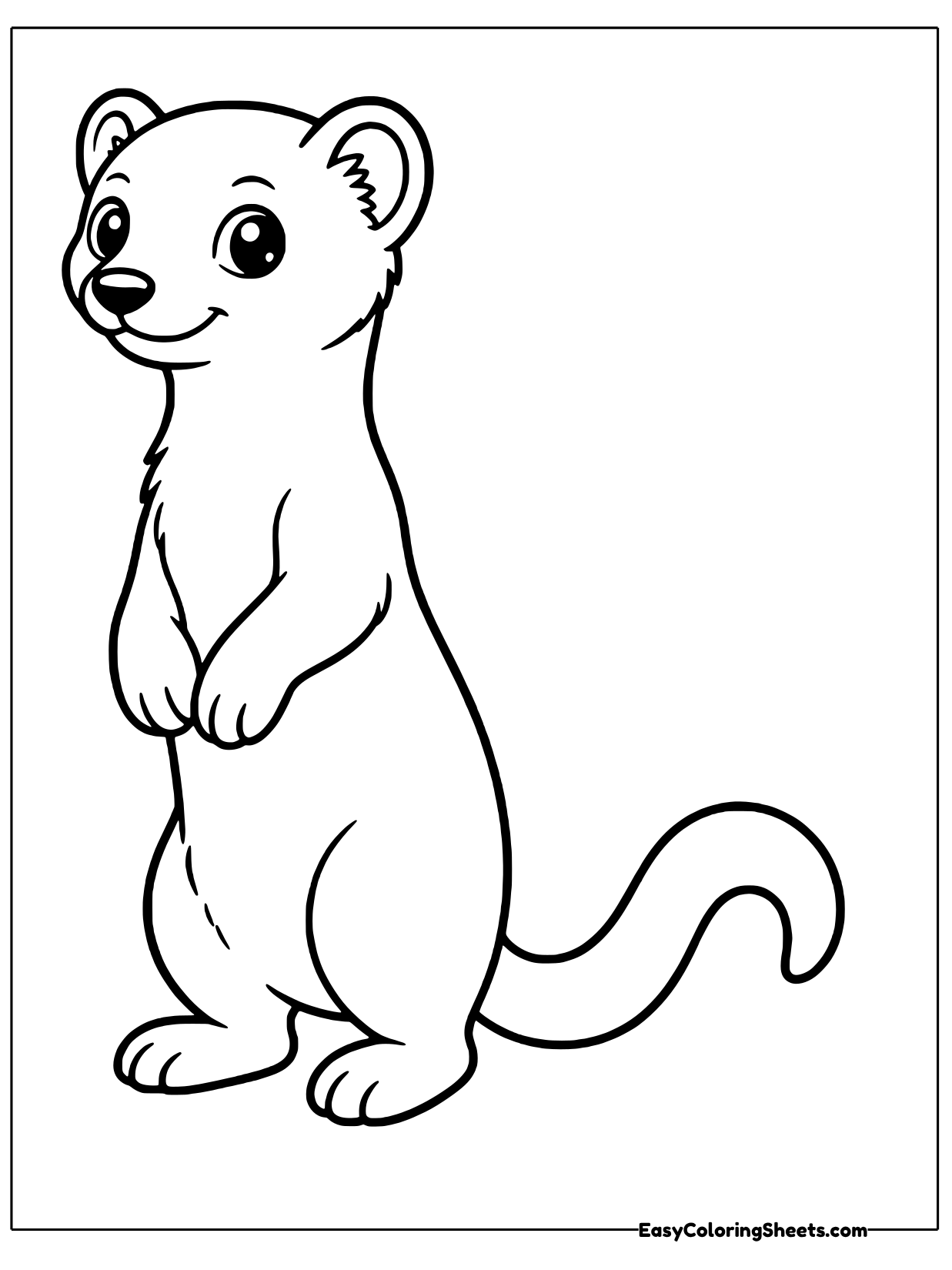 A slim, curious weasel stands up tall on its back legs with its little paws tucked in front and its long curvy tail swooping.
