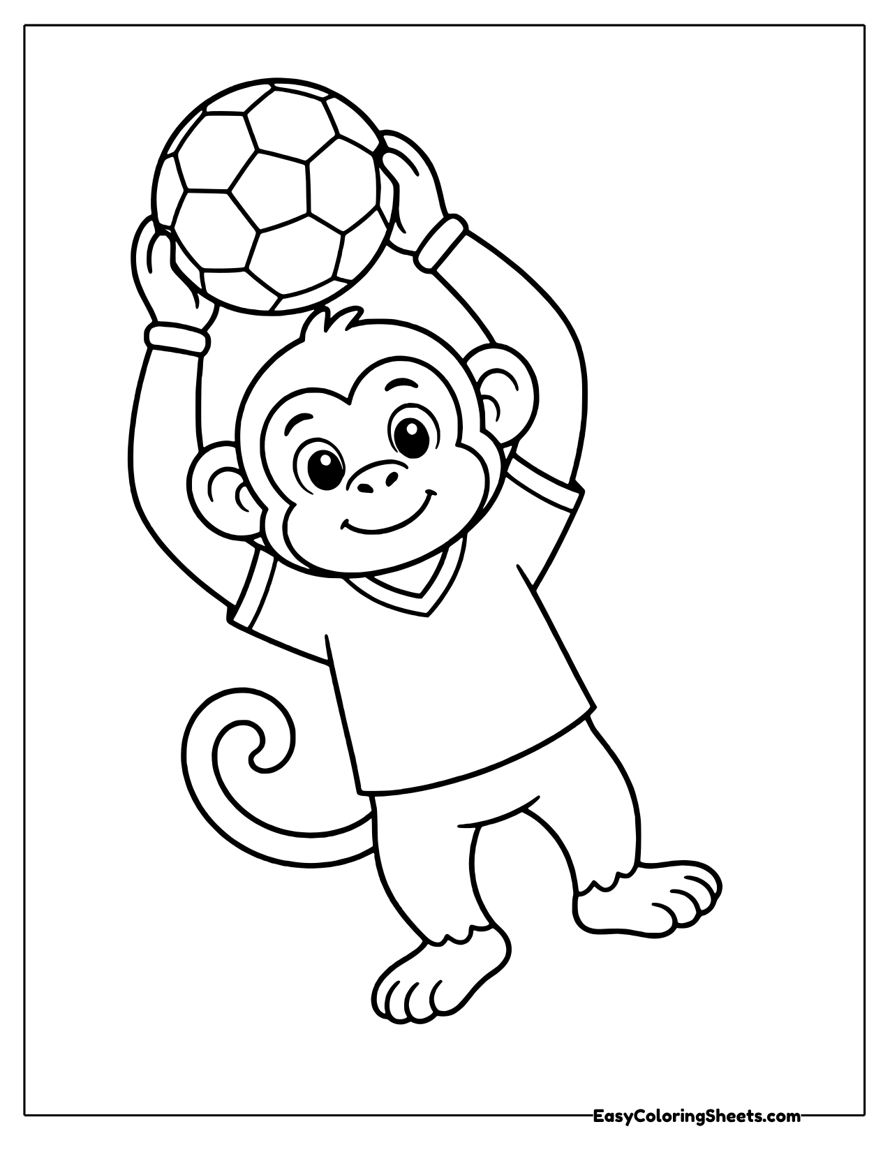 Smiling monkey in a plain soccer jersey lifting a soccer ball