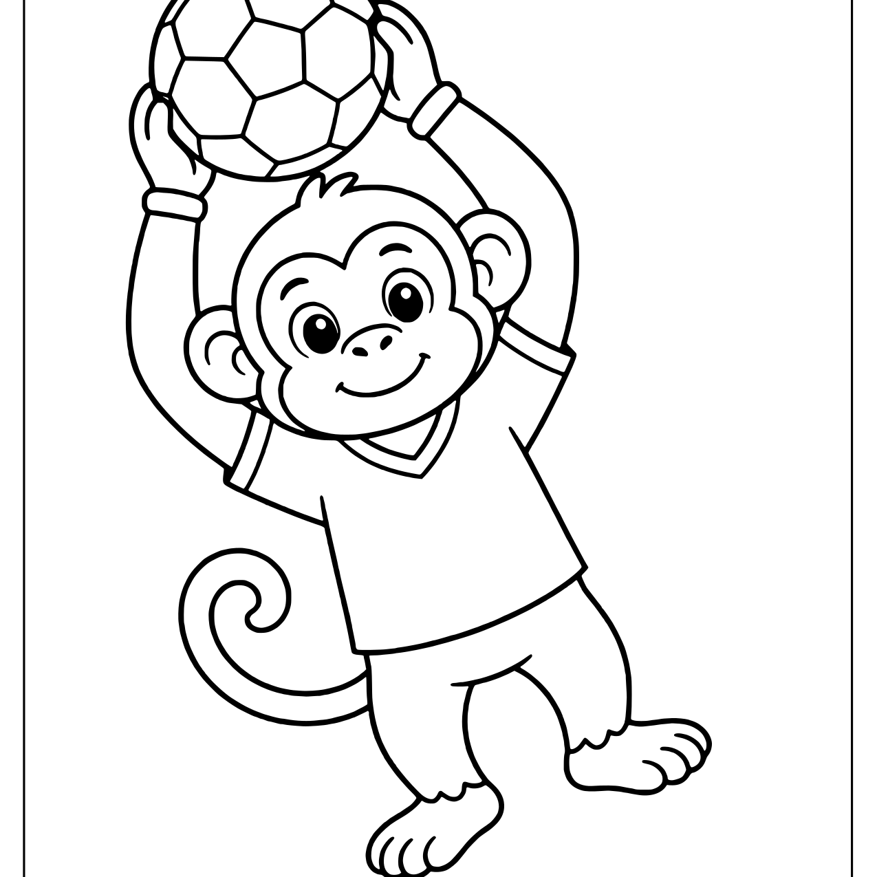 Smiling monkey in a plain soccer jersey lifting a soccer ball