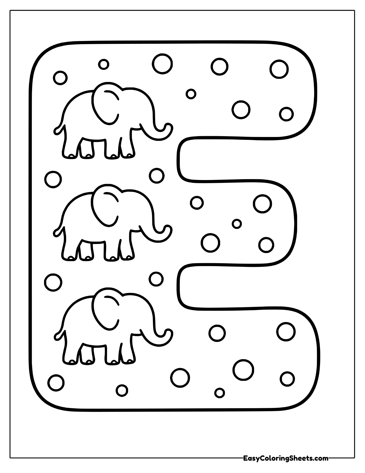 Bubble letter E filled with elephants and dots