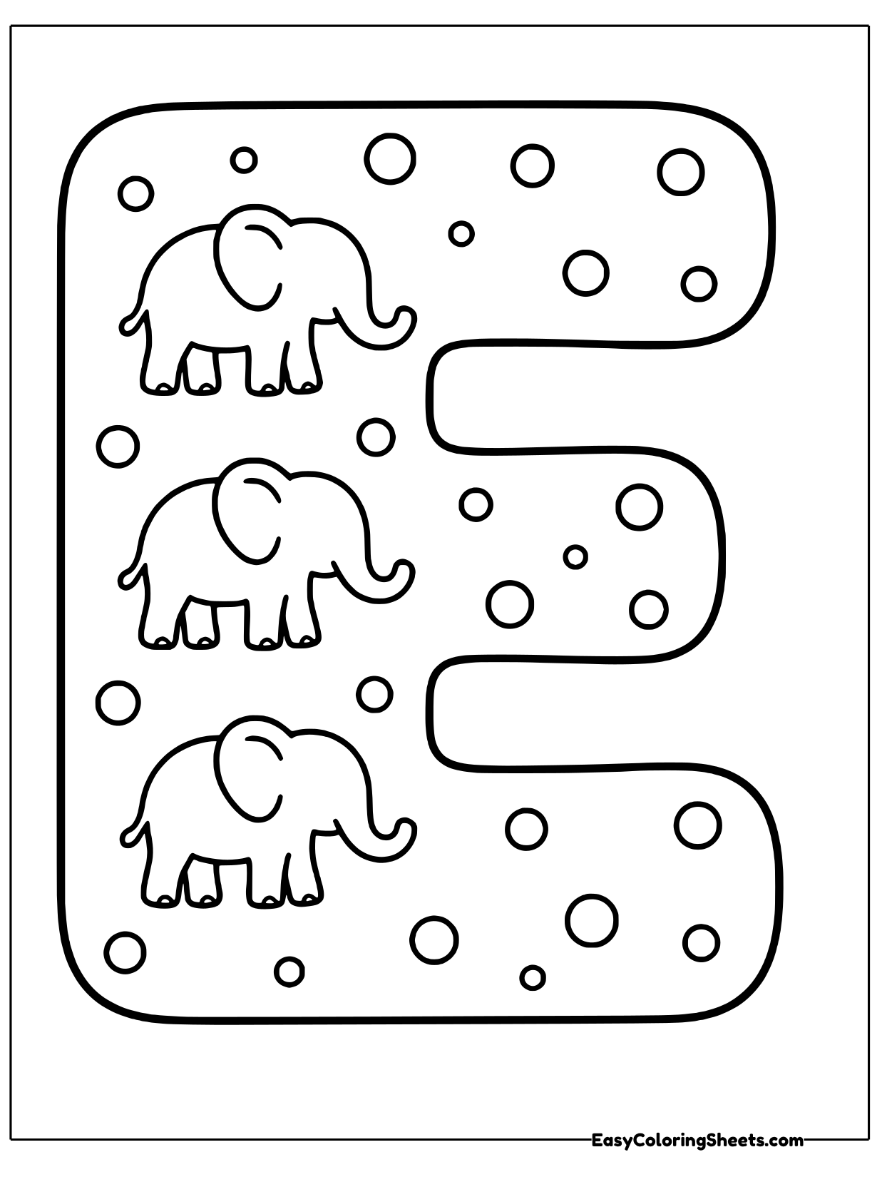 A big bubble letter E is filled with three walking elephants and scattered dots.