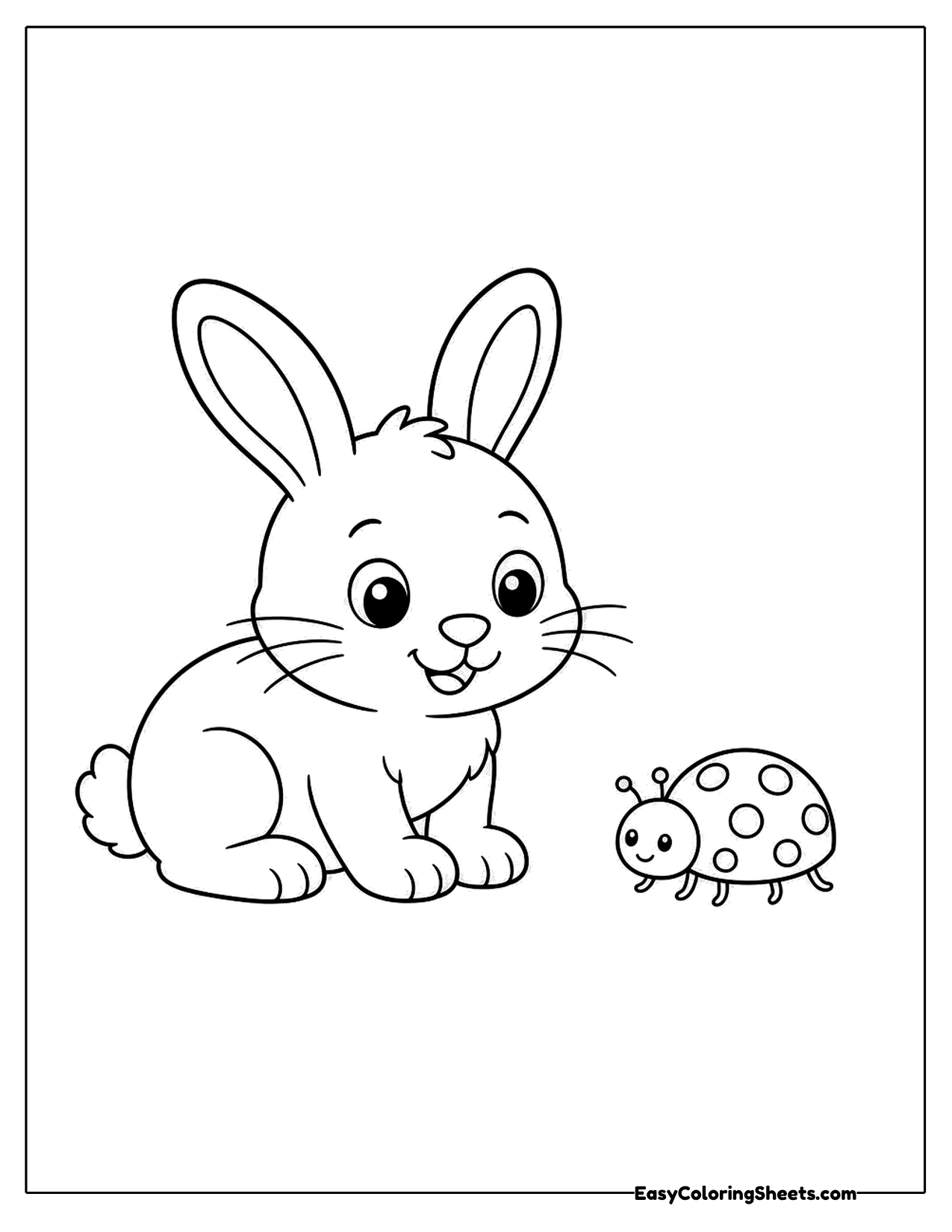 Smiling bunny sitting next to a spotted ladybug